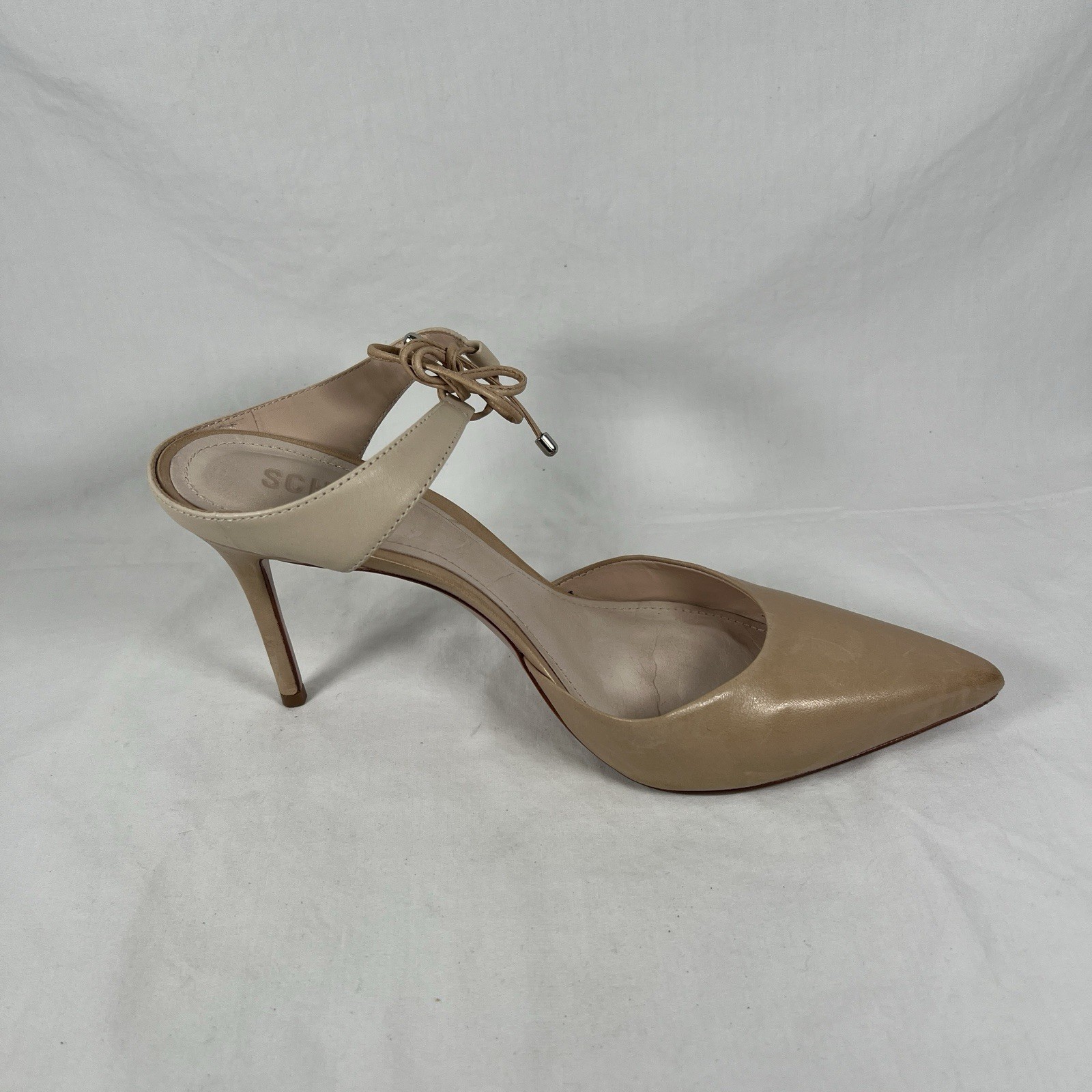 Schutz Nude Leather Pointed Toe Heels Ankle Tie Minimalist Quiet Luxury Sz 9.5B