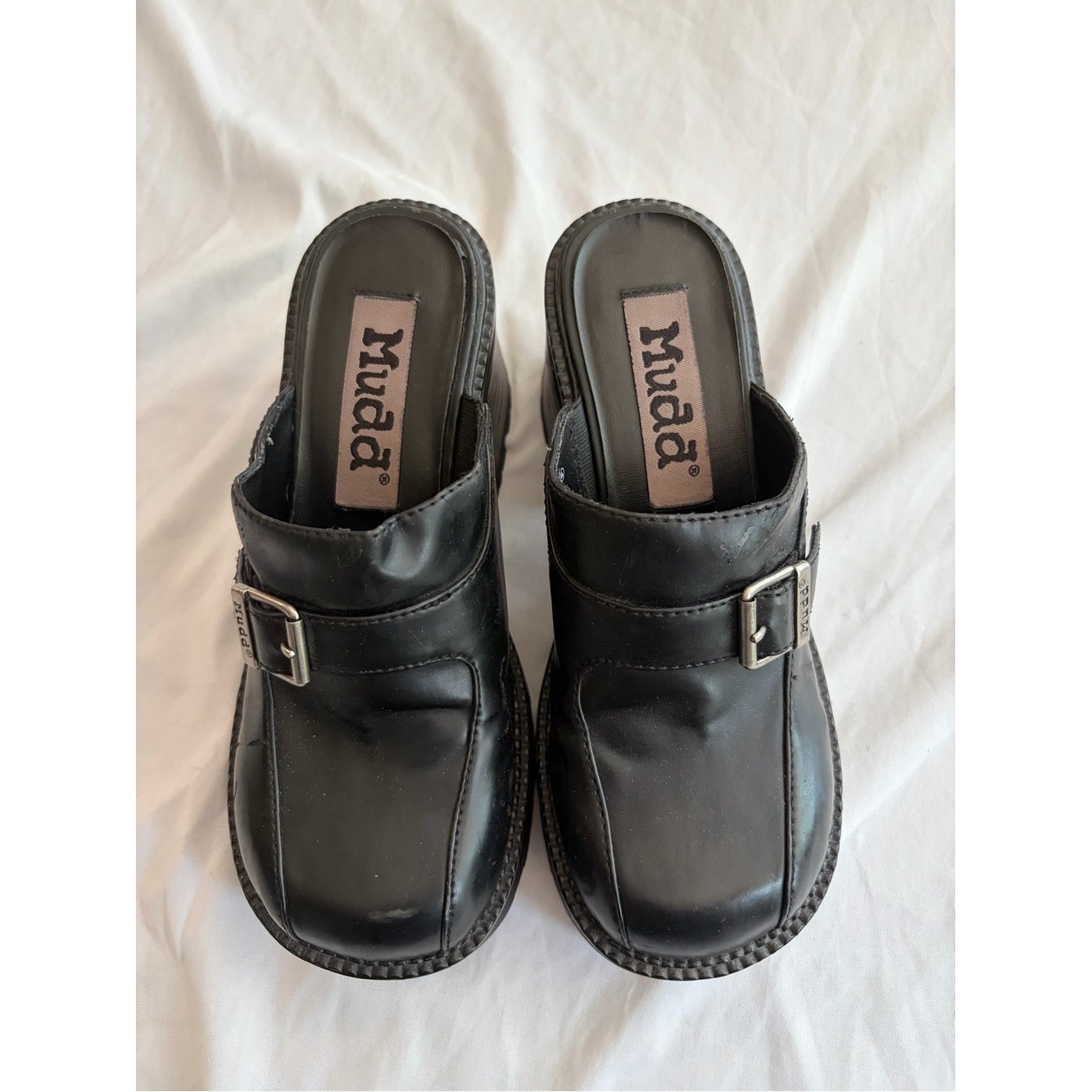 Mudd Black Chunky Platform Clogs Block Heel Silver Buckle Y2K Style Sizse 8.5