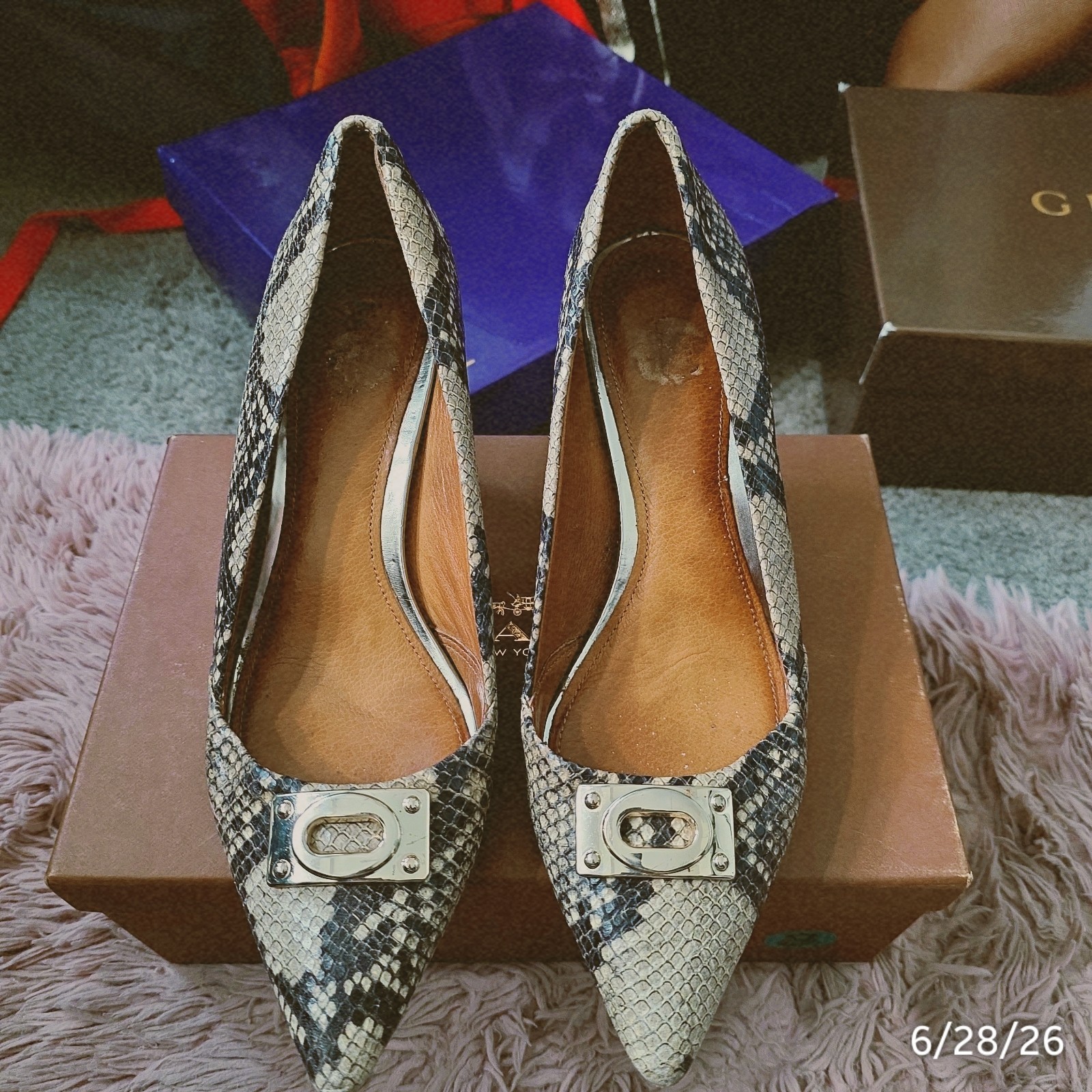 Coach Snake Print Pointed Toe Slingback Flats Slip-On Black/White 8B