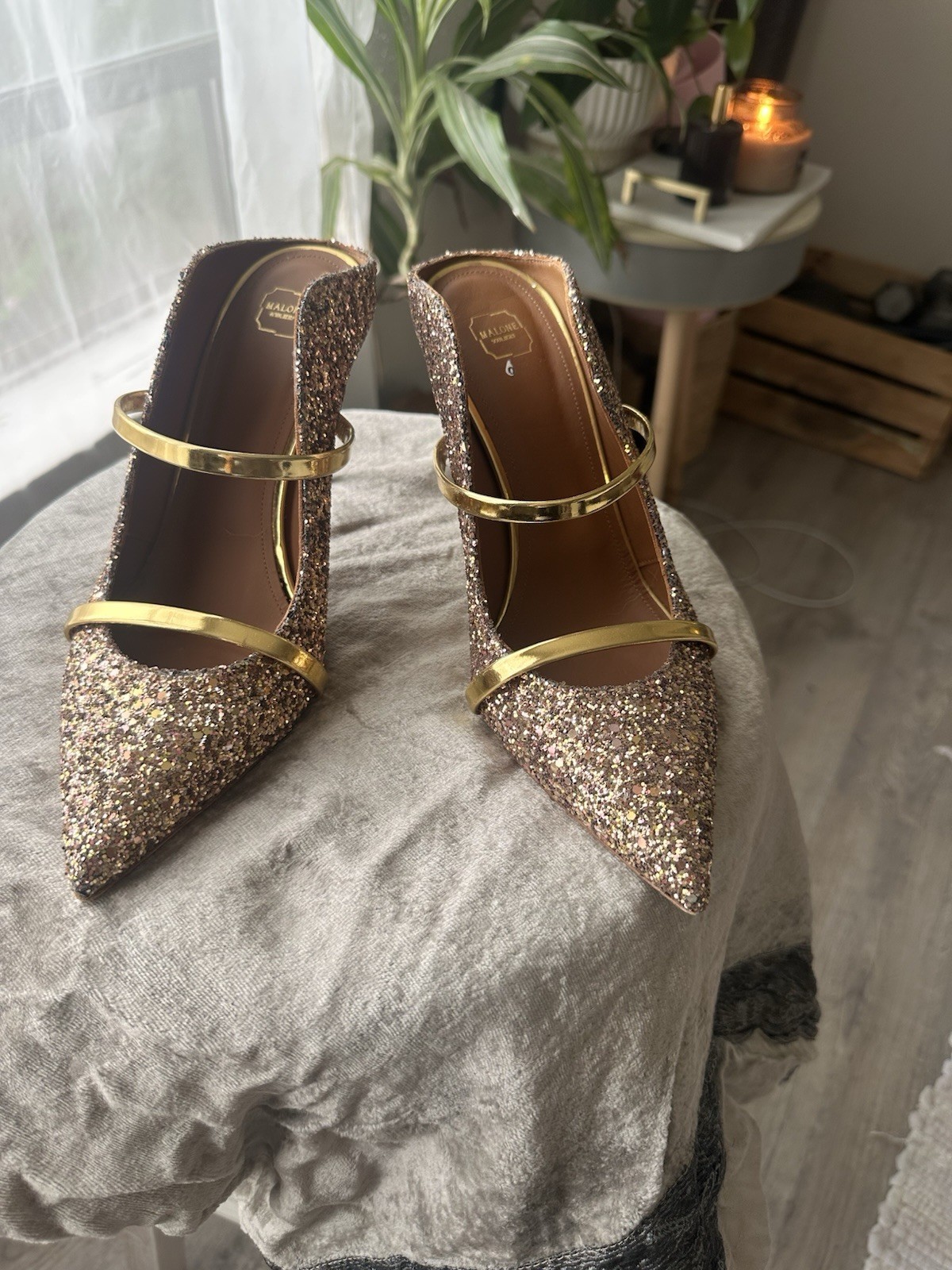 Malone Souliers Gold Glitter Pointed Toe Strappy Mule Stiletto Heels US 9