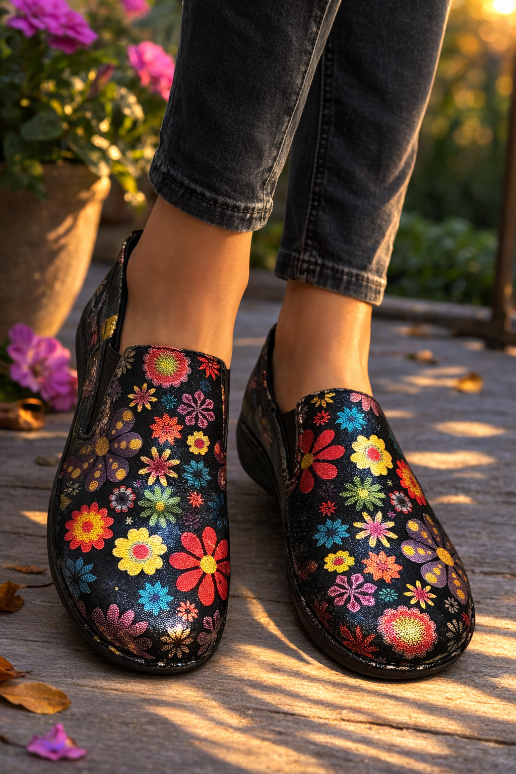 Spring Step Manila Flower Power Black Floral Leather Clogs Size 8.5M Woman’s VGC