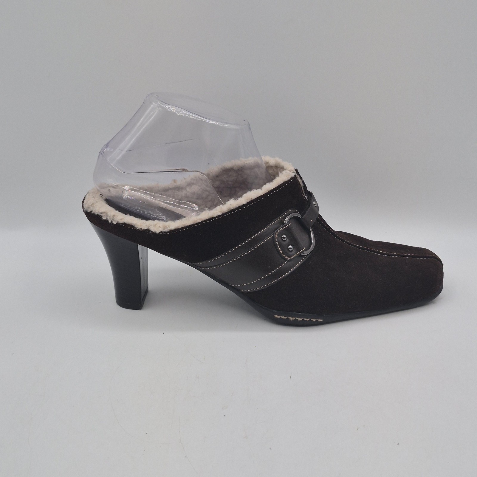 Aerosoles Shoes Womens Size 10 Brown Suede Faux Fur Mule Heels Buckle Lined