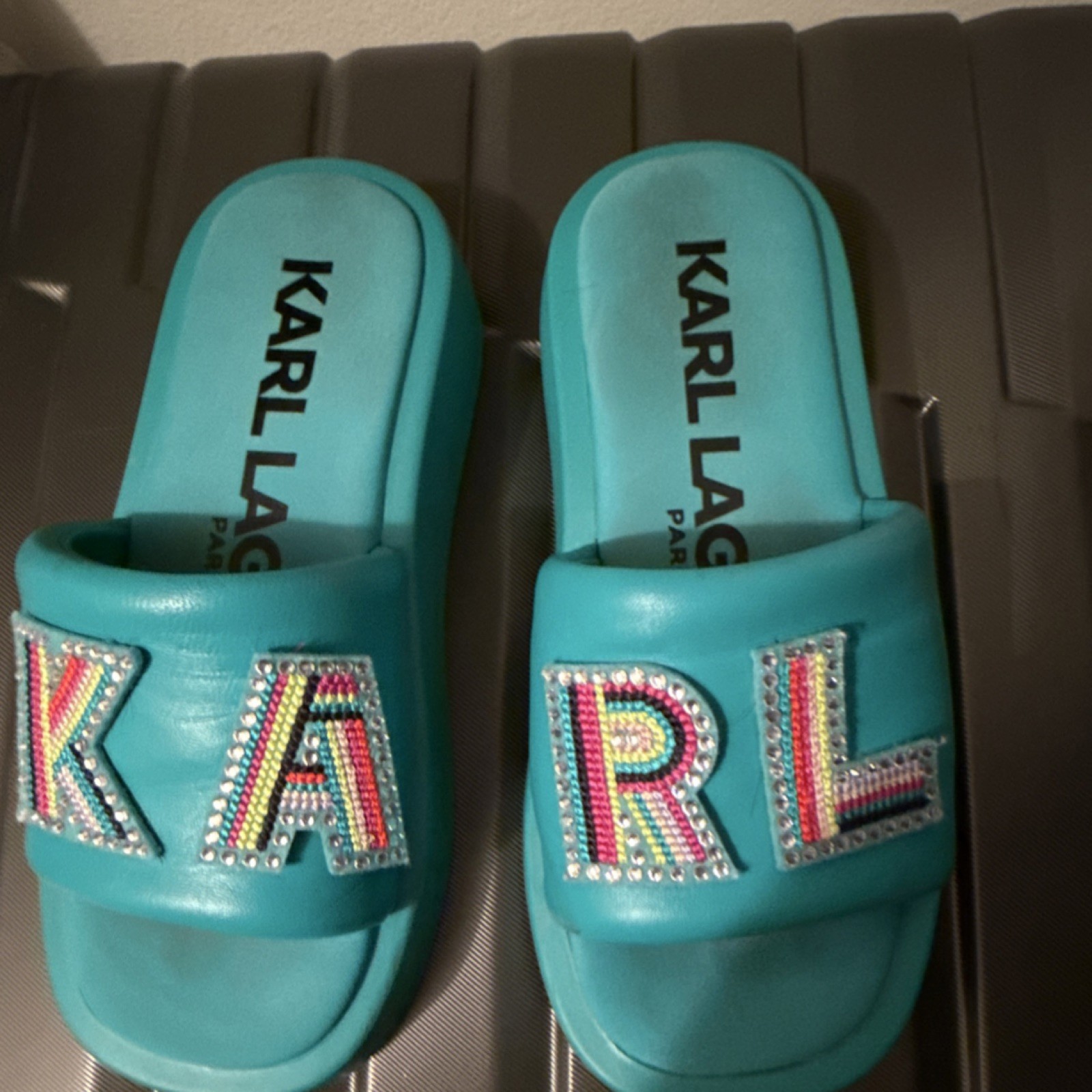 Karl Lagerfeld Turquoise Multicolor Beaded Logo Slide Sandals for Women