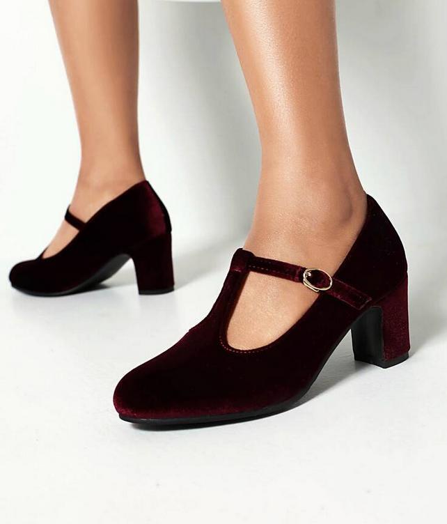 Women’s Mary Jane Work Shoes Mid Block Heel Velvet T Strap Dress Shoes Plus Size