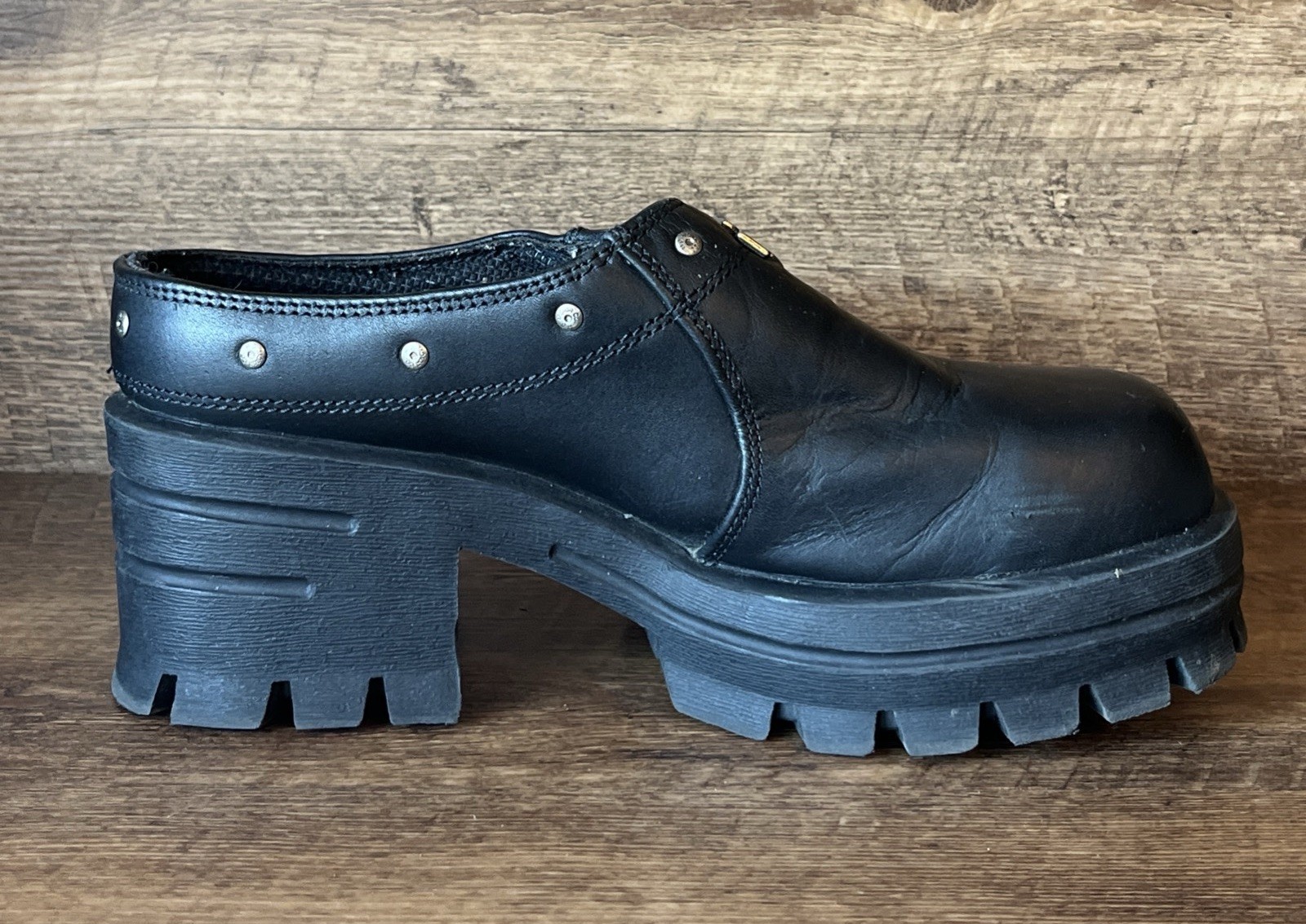Harley-Davidson Clogs Chunky Black Leather Platform Biker Studs Womens 8 Y2K