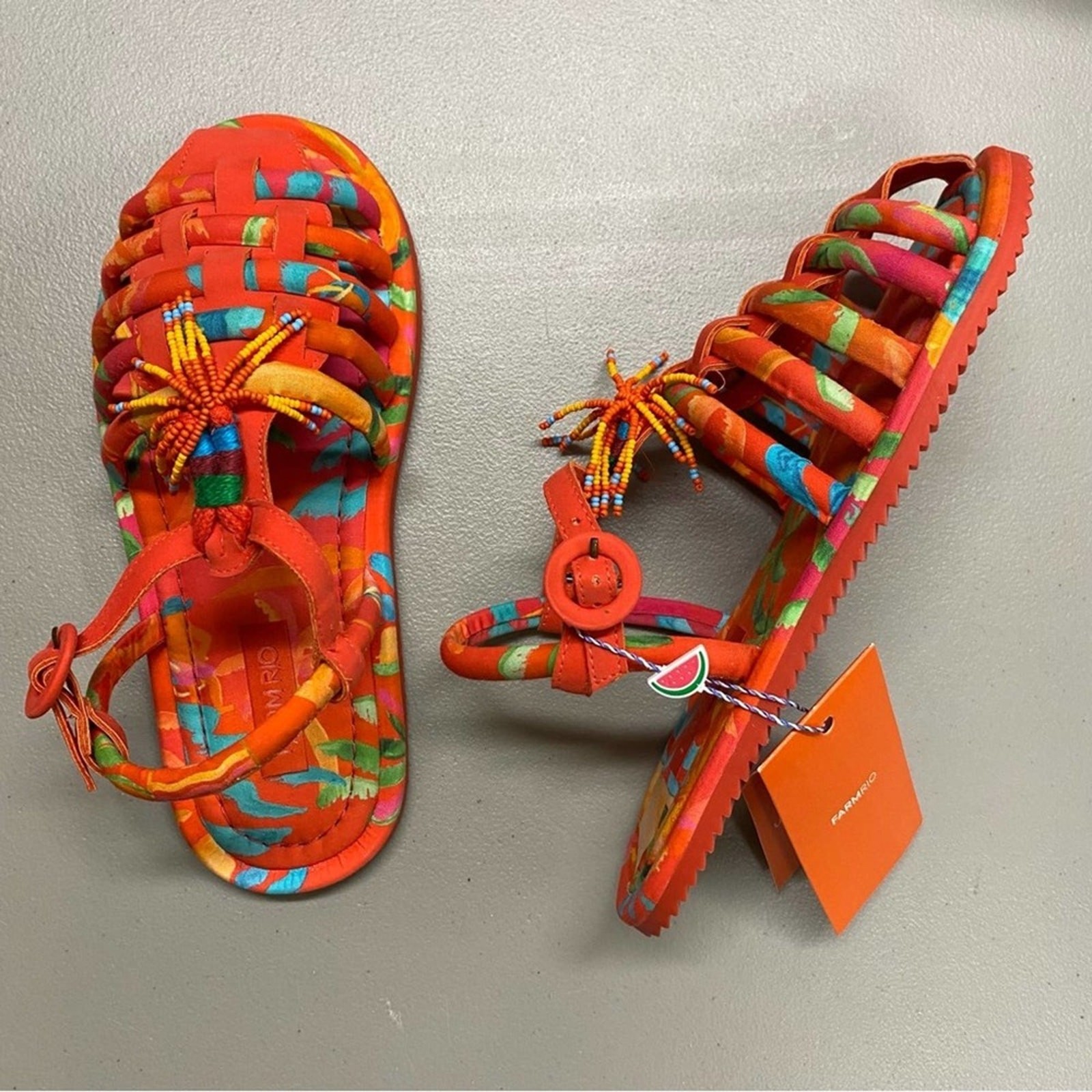 Farm Rio Sandal Flat Tropical Tube Strap Buckle Beaded Orange Womens Size 7 NIB