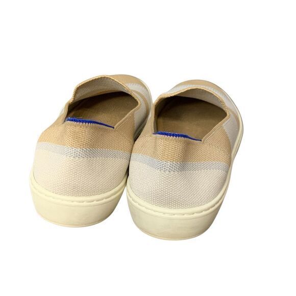 Rothy’s Birch Stripe Slip On Sneaker in tan, blue silver and white. Size 10