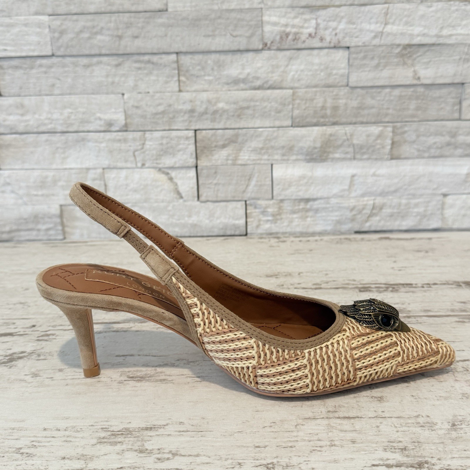 Kurt Geiger London Belgravia Slingback Raffia Woven Heels Beige Combo Size 36 EU
