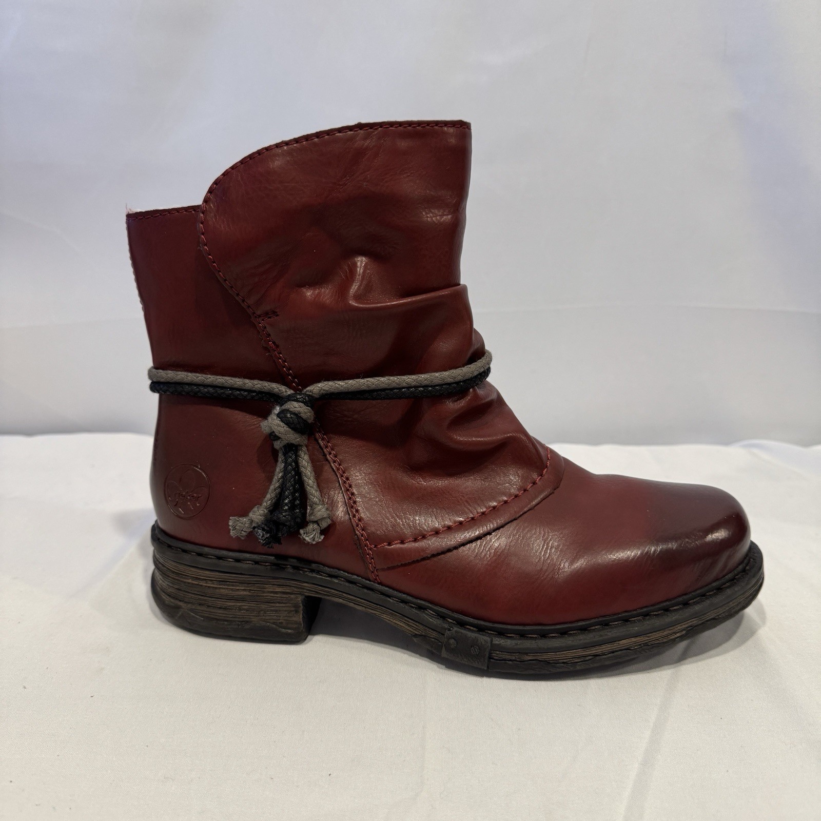 Rieker Womens Size 7 EUR 38 Ankle Boot Felice Wine Faux Leather Ruched Upper NWT