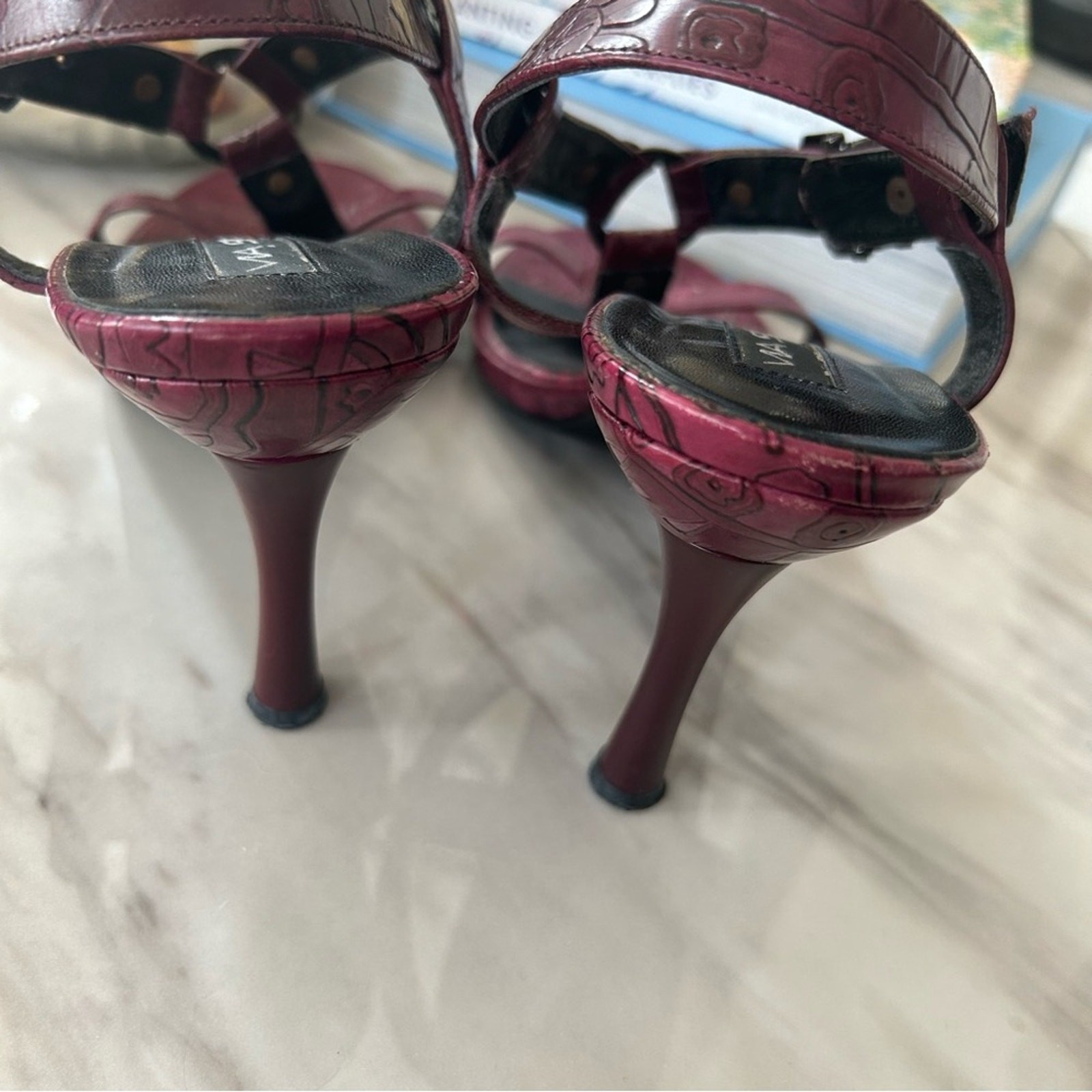Via Spiga Plum Purple Hand Tooled Leather T-Strap Sandals