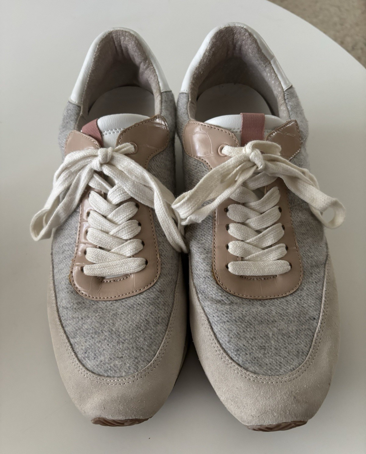Banana Republic Lace-Up Sneakers Gray Tan White Leather Flannel Faux Snake Heel