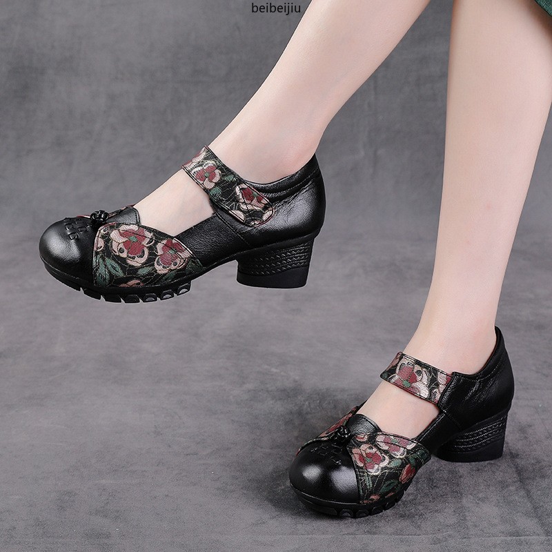Women’s Low Heel Mary Janes Soft Leather Comfort Flower Shoes Ethnic Vintage Hot