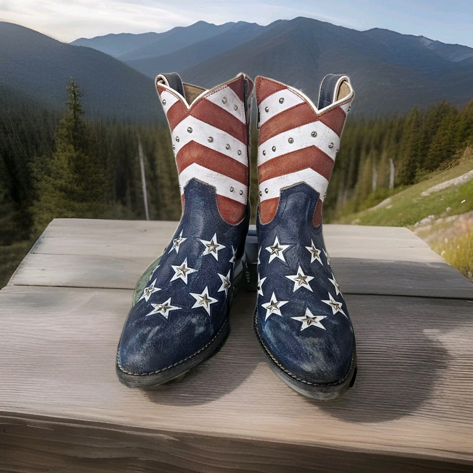 Sheryl Crow Long Road Western Boots Leather Studded Stars American Flag Size 9M