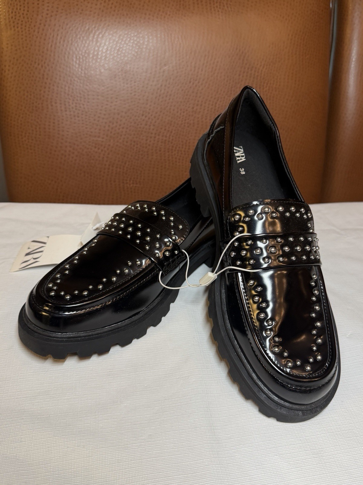 ZARA Women’s Black Studded Loafer Flats Slip-On Round Toe US 7.5-8 EU 38 Casual