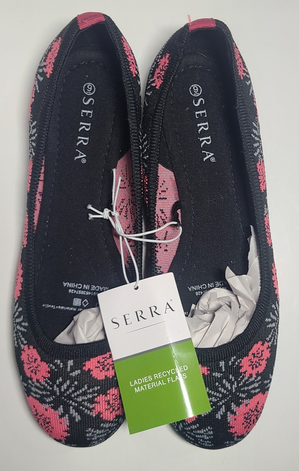 SERRA RECYCLED MATERIAL Flats Floral Black/Pink Ballet Shoes Women’s Sz. 9 New