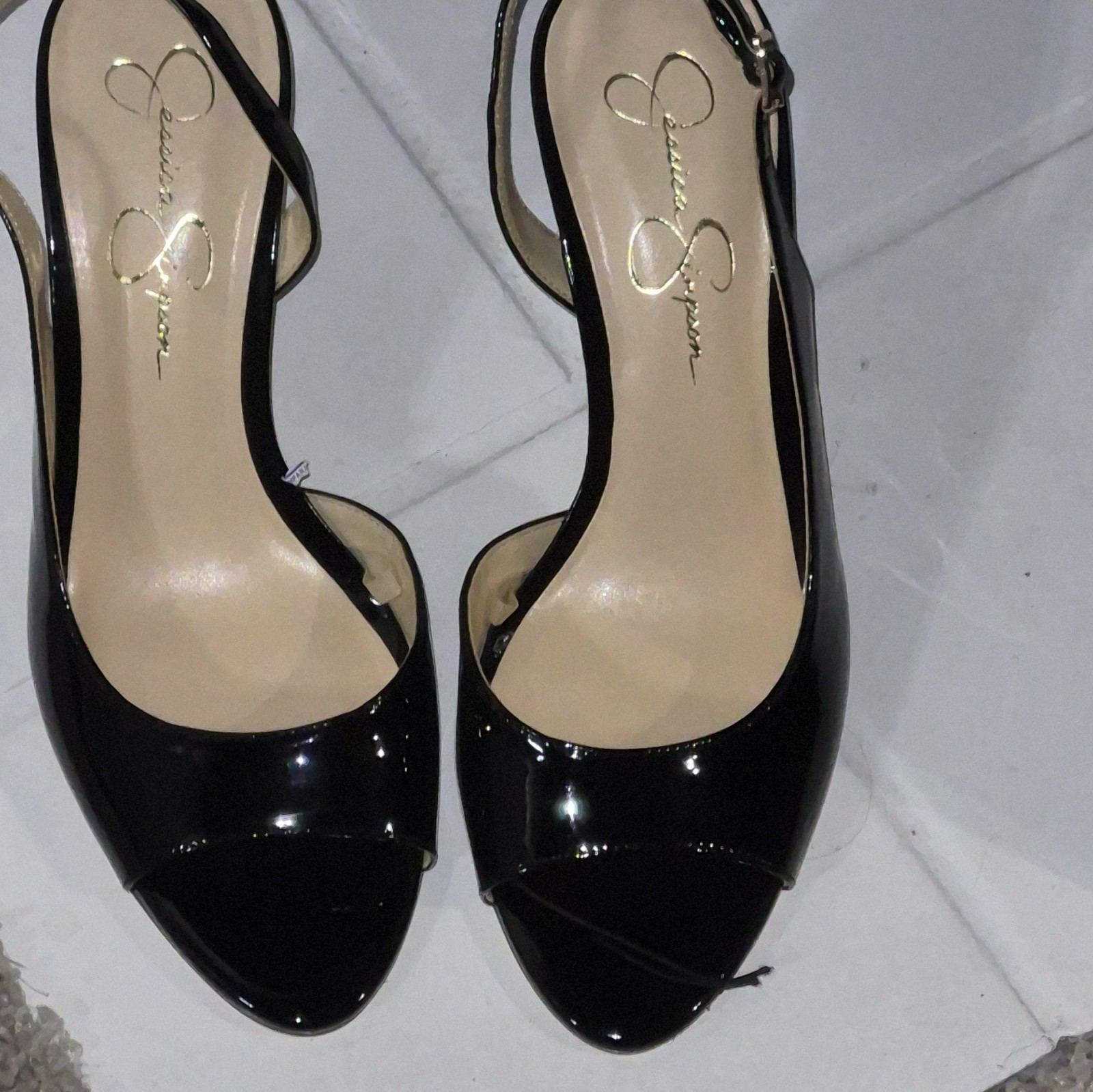 Jessica Simpson Black Patent Leather Peep Toe Slingback Heels Buckle 9.5