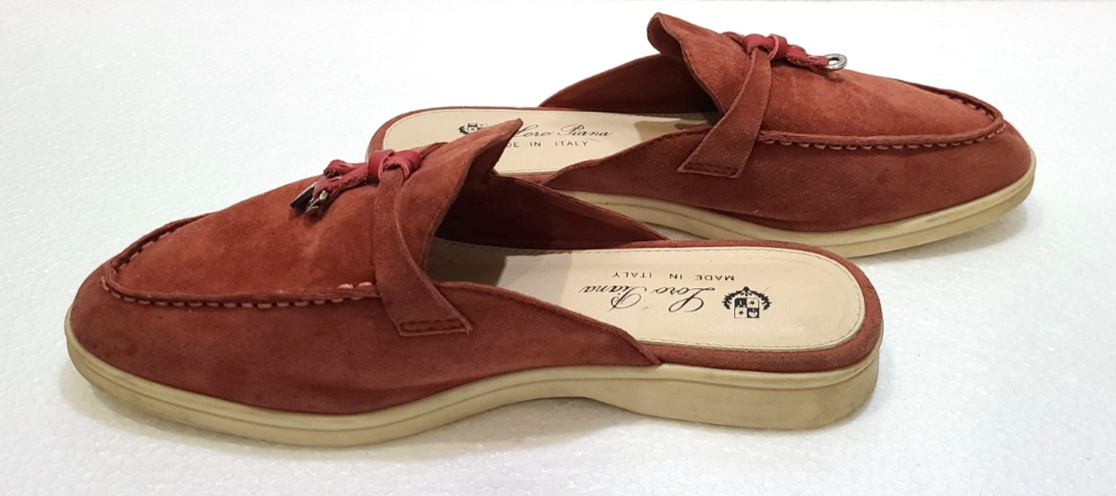 Loro Piana Summer Walk Mules Suede Loafers Rust Red Flats Size EU 37 US 6.5