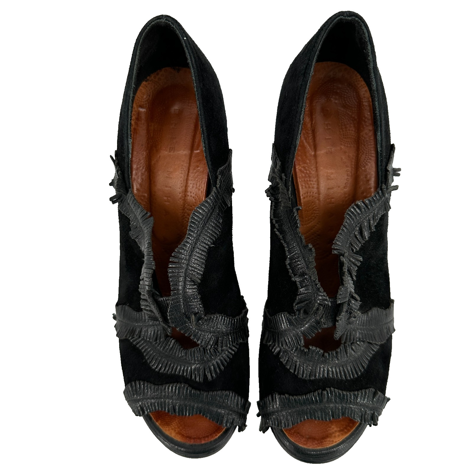 Chie Mihara Black Suede Ankle Peep Toe Booties EU 37 US 6.5 Fringe 3.5in Heel