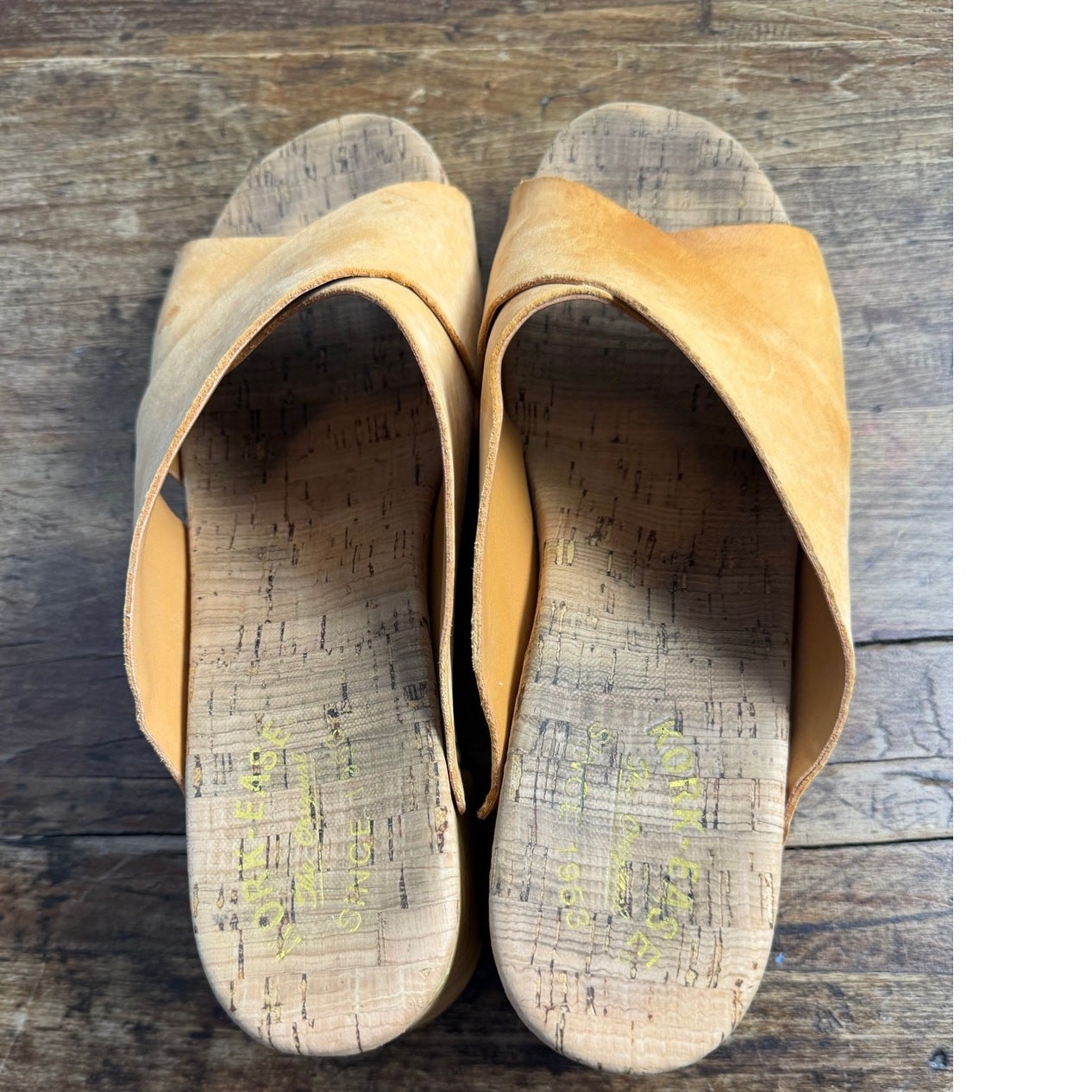 Cork Ease Mustard Yellow Leather Wooden Platform Clog Sandals Criss Cross 9