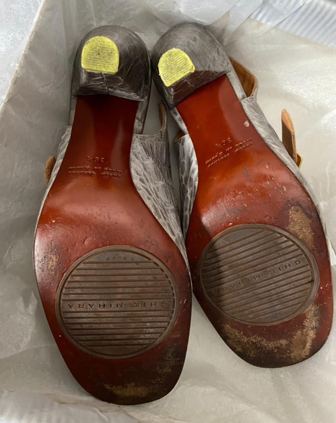 CHIE MIHARA VINTAGE SANDALS TEXTURED LEATHER IN GRAY CONE HEEL 36.5 6 SPAIN