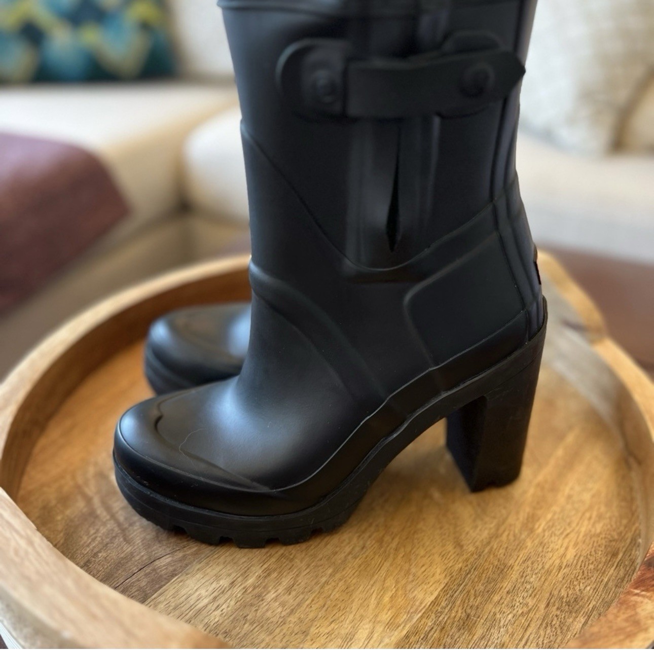 Hunter Black Waterproof Ankle Rain Boots Adjustable Strap Block Heel *RARE*