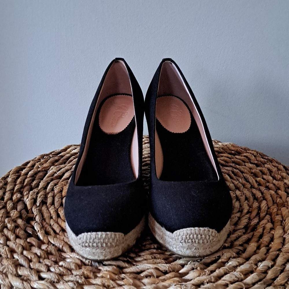 J.CREW Womens Classic Preppy Summer Black Canvas 3.25″ Wedge Espadrilles S-8