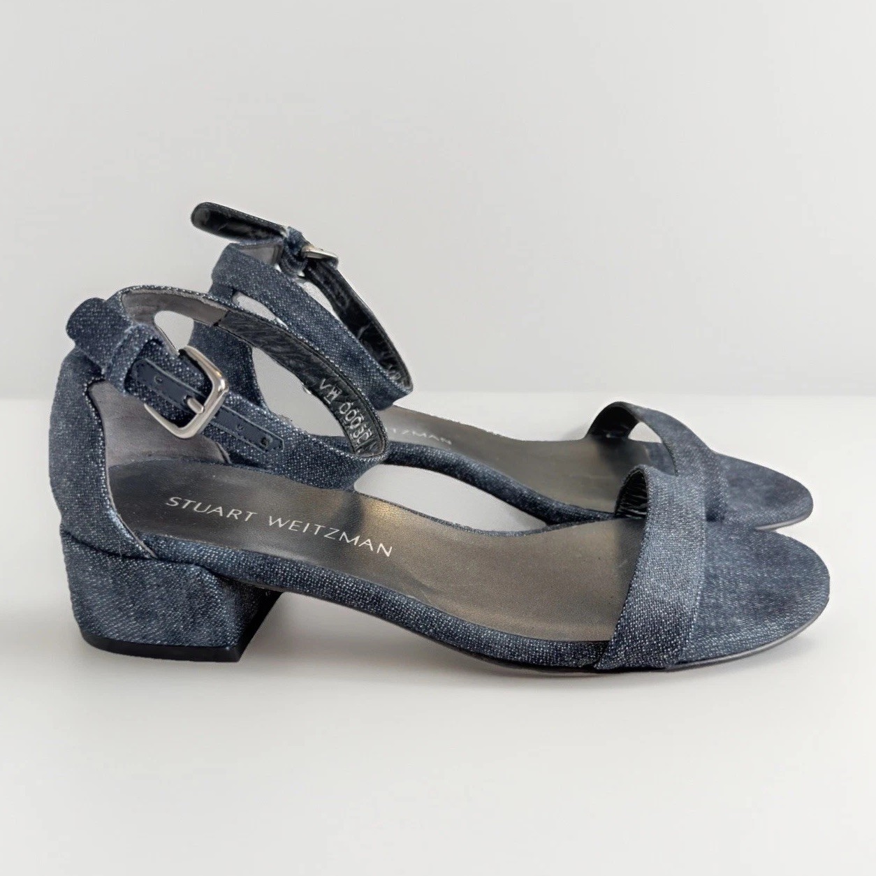 Stuart Weitzman Blue Metallic Block Heel Ankle Strap Sandals Women’s Size 7 NWOB