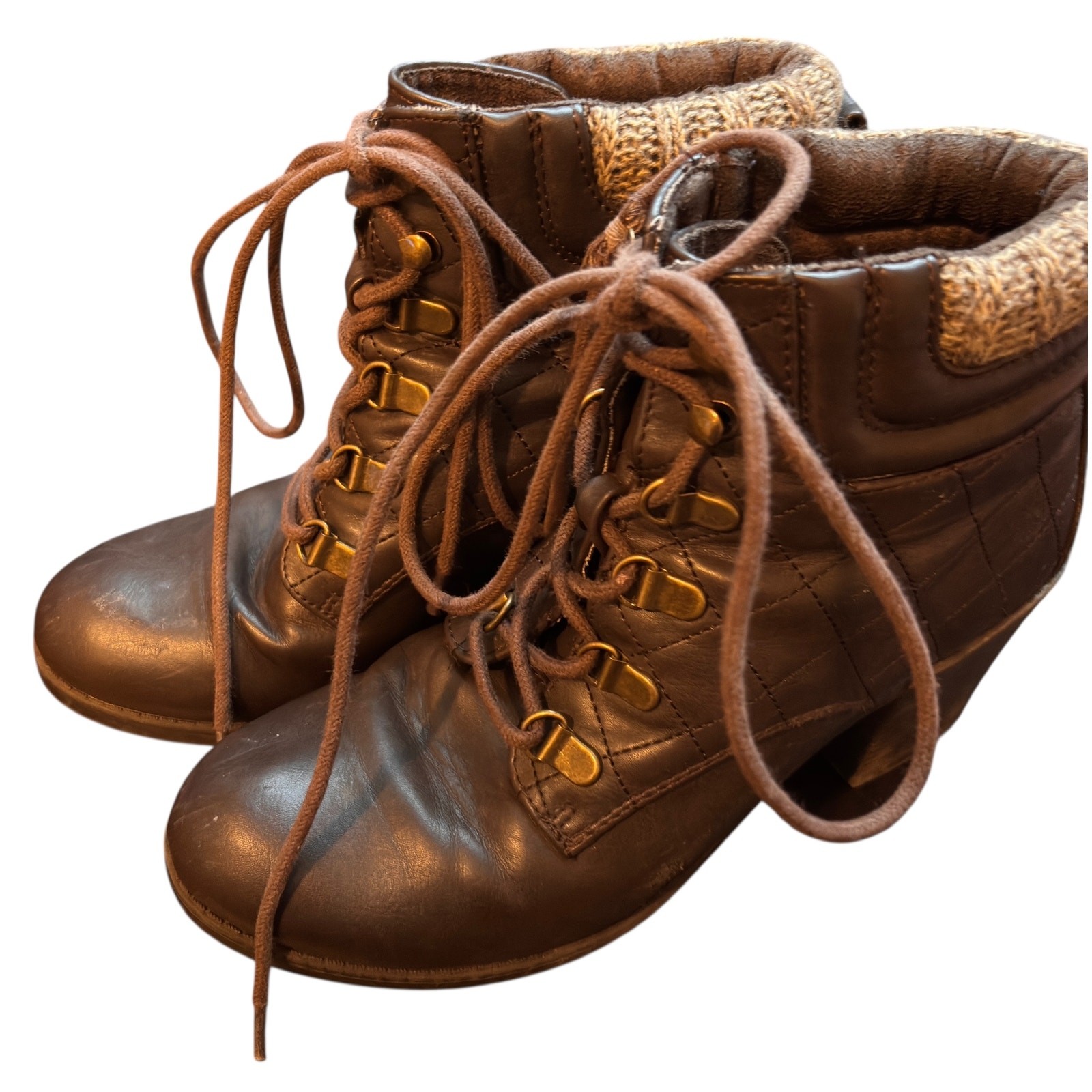 Women’s Brown Quilted Lace-Up Ankle Boots Block Heel Stylish Casual – Mia