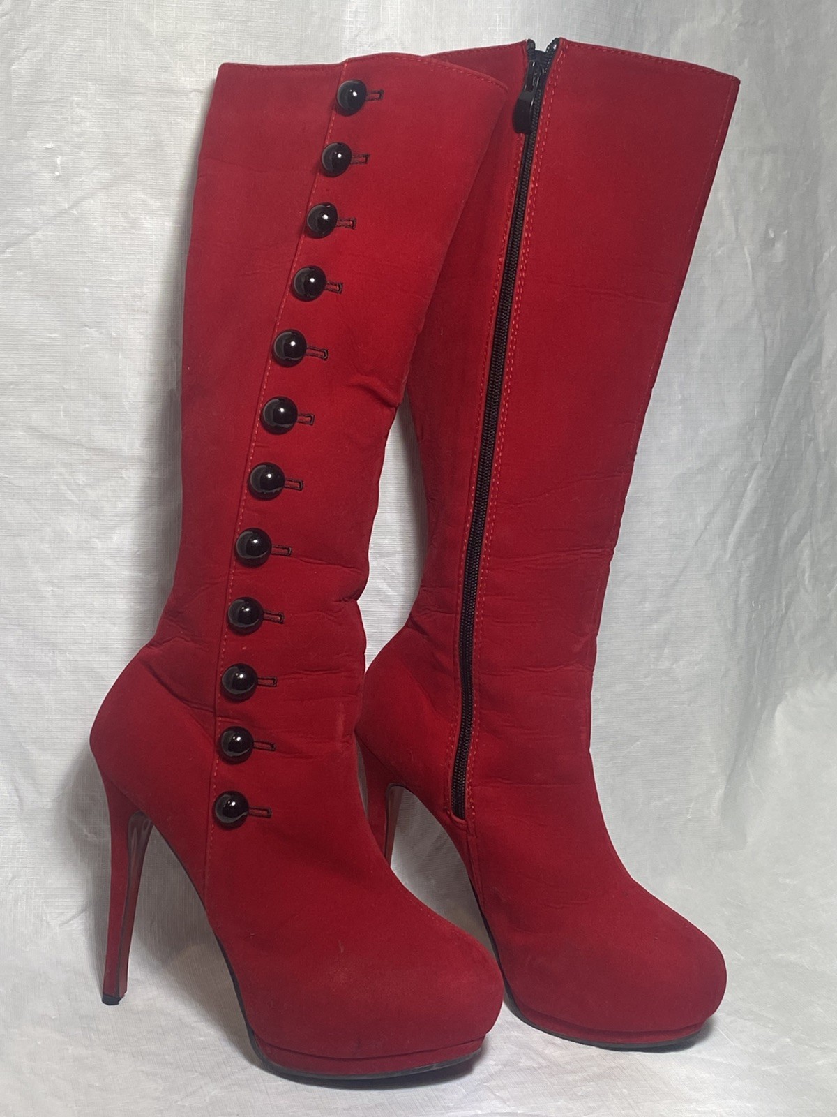Highest Heel Women’s Red Knee High Rhinestone Boots, Pointed Toe Zip size 37/6.5