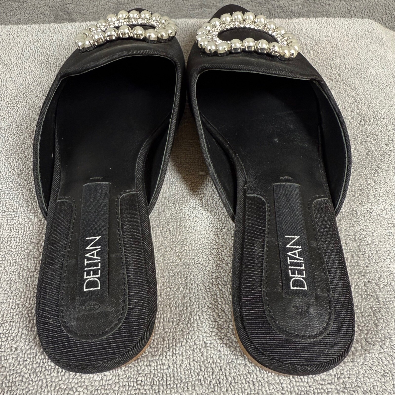 DELTAN Luna Pearl Rhinestone Grosgrain Mules Black Pointed Toe Flats 6.5