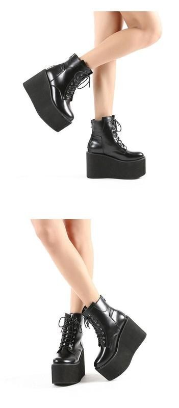 Womens Casual Punk Ankle Boots High Wedge Heel Platform Leather Shoes Thick Sole