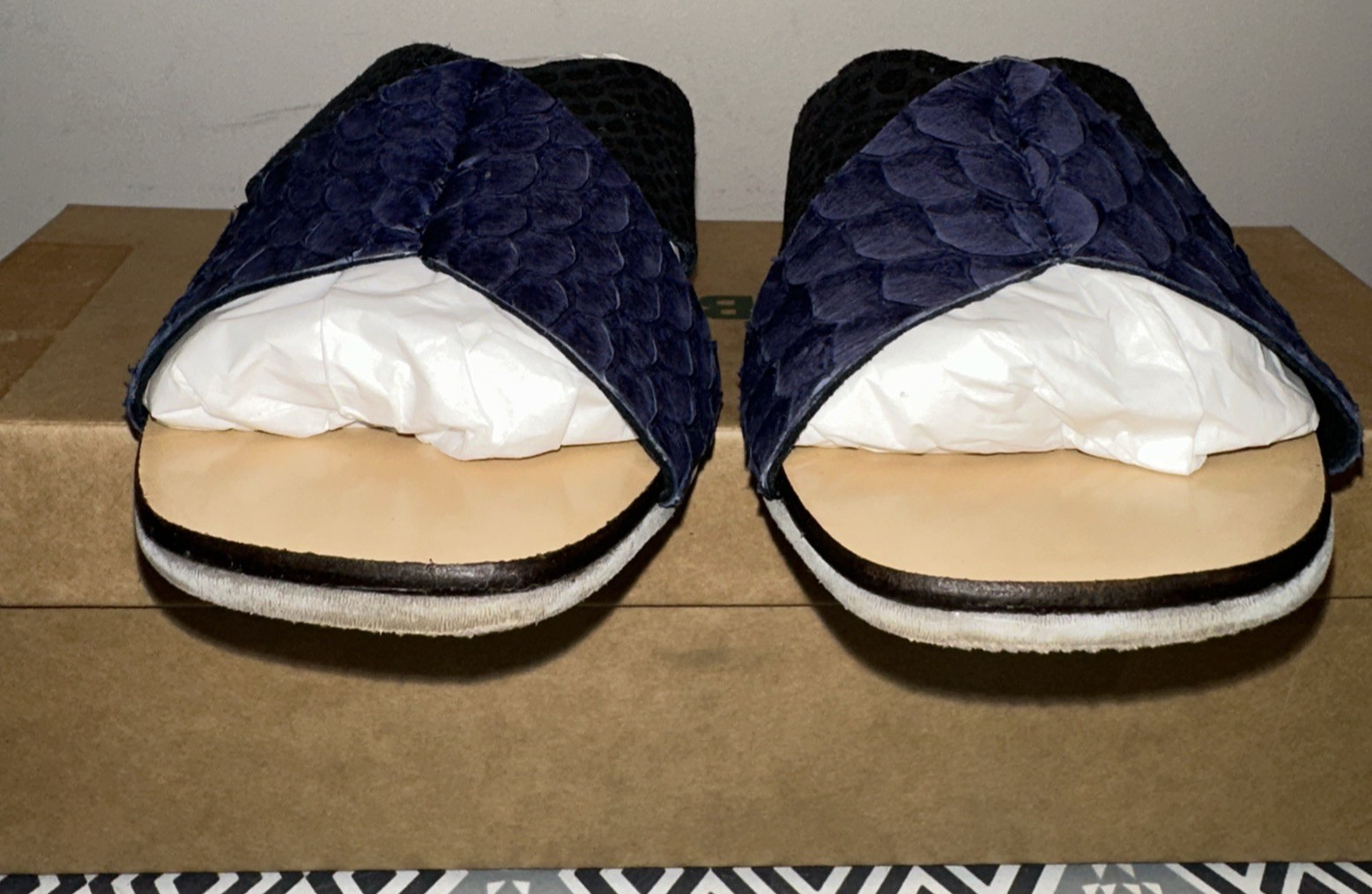 ALL BLACK Women Size 38 Two Tone Fishskin Leather Slide Sandals Navy/Black LUX