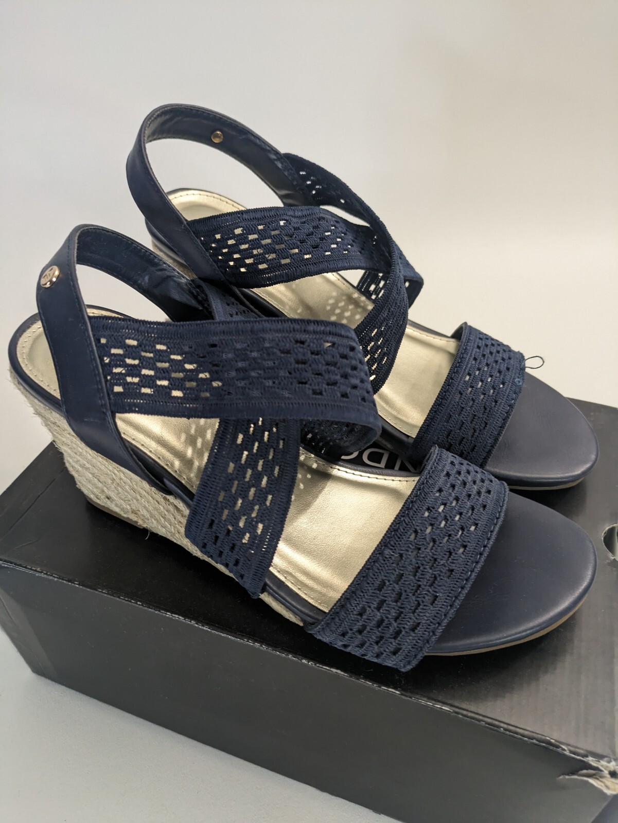 LONDON FOG Womens Pickwick Open Toe Espadrille Stretch Wedge Sandals Navy 8.5