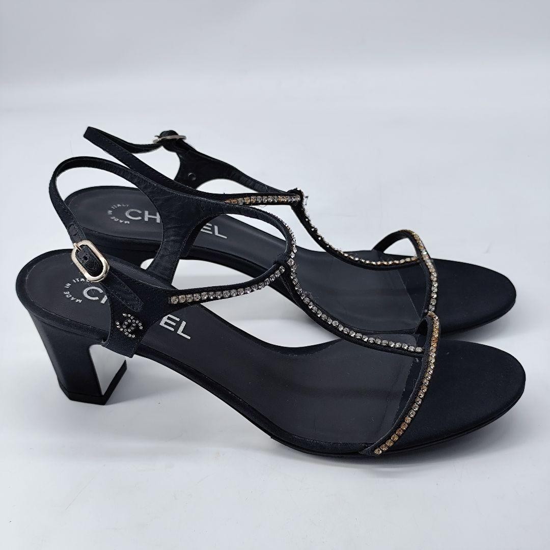 CHANEL Rhinestone Sandals Black 39.5C 26.5cm Box Included