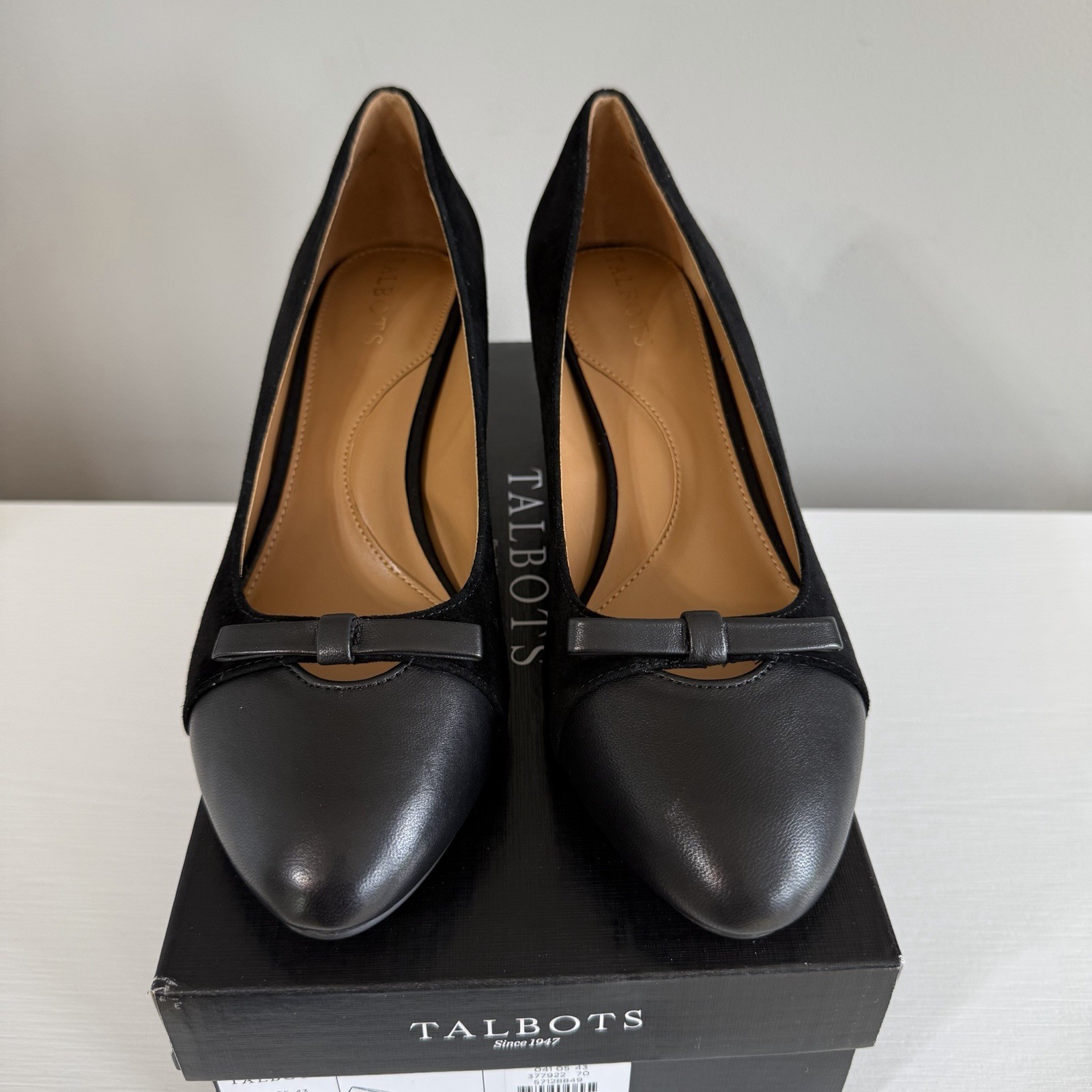 Talbots Isla Women’s Black Suede Bow Leather Toe Block Heel Slip-On Pumps 8M