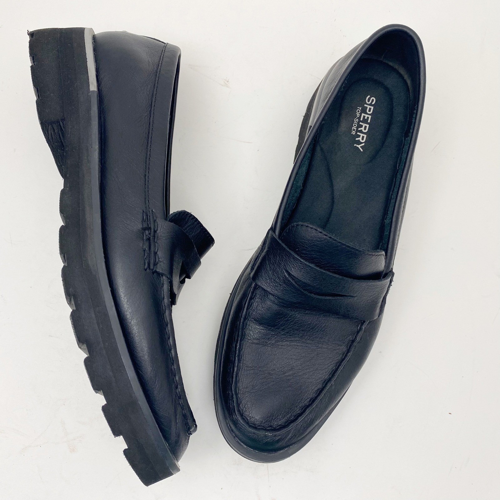 Sperry Black Leather Platform Crepe Sole Penny Loafers Womens 11M Lightweight