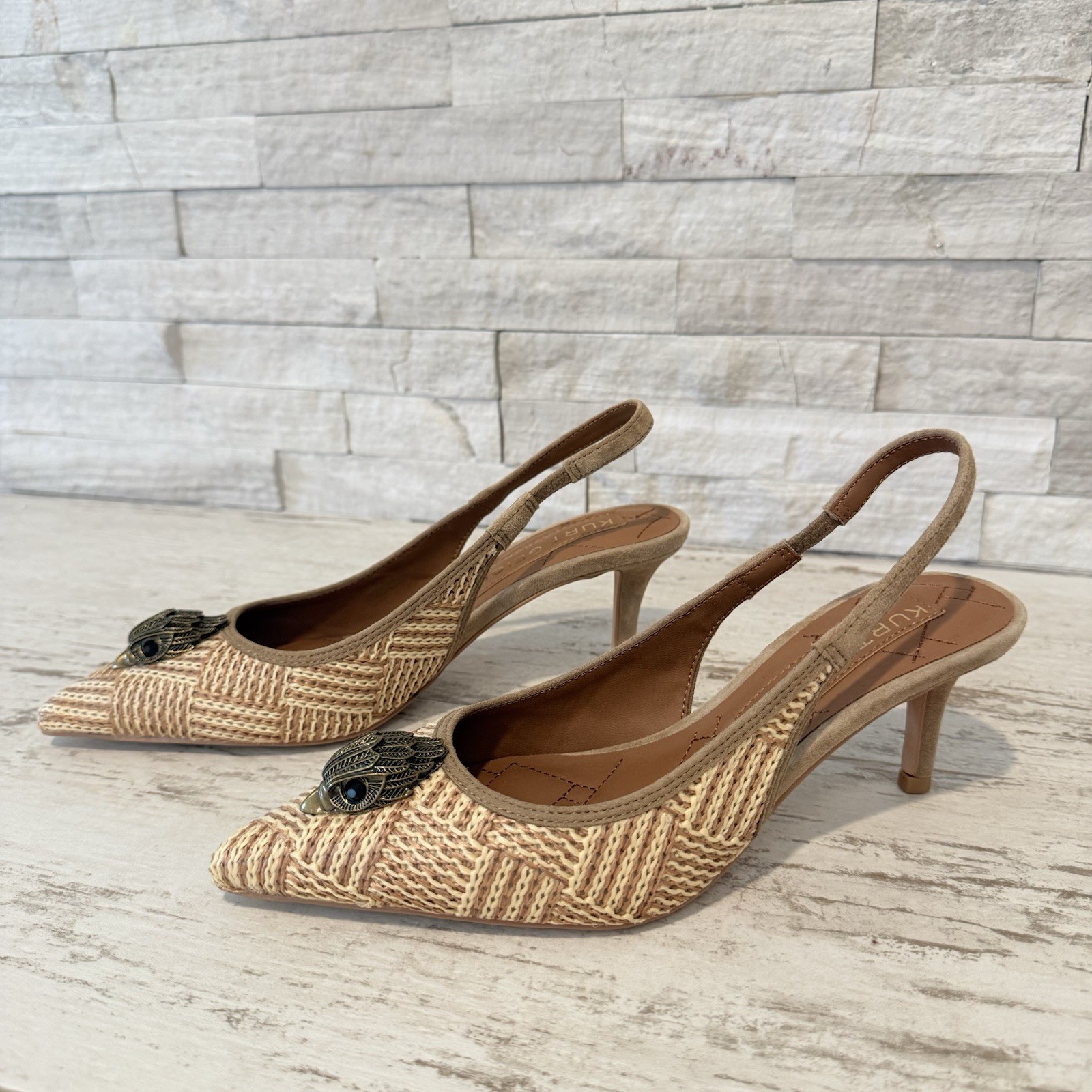 Kurt Geiger London Belgravia Slingback Raffia Woven Heels Beige Combo Size 36 EU