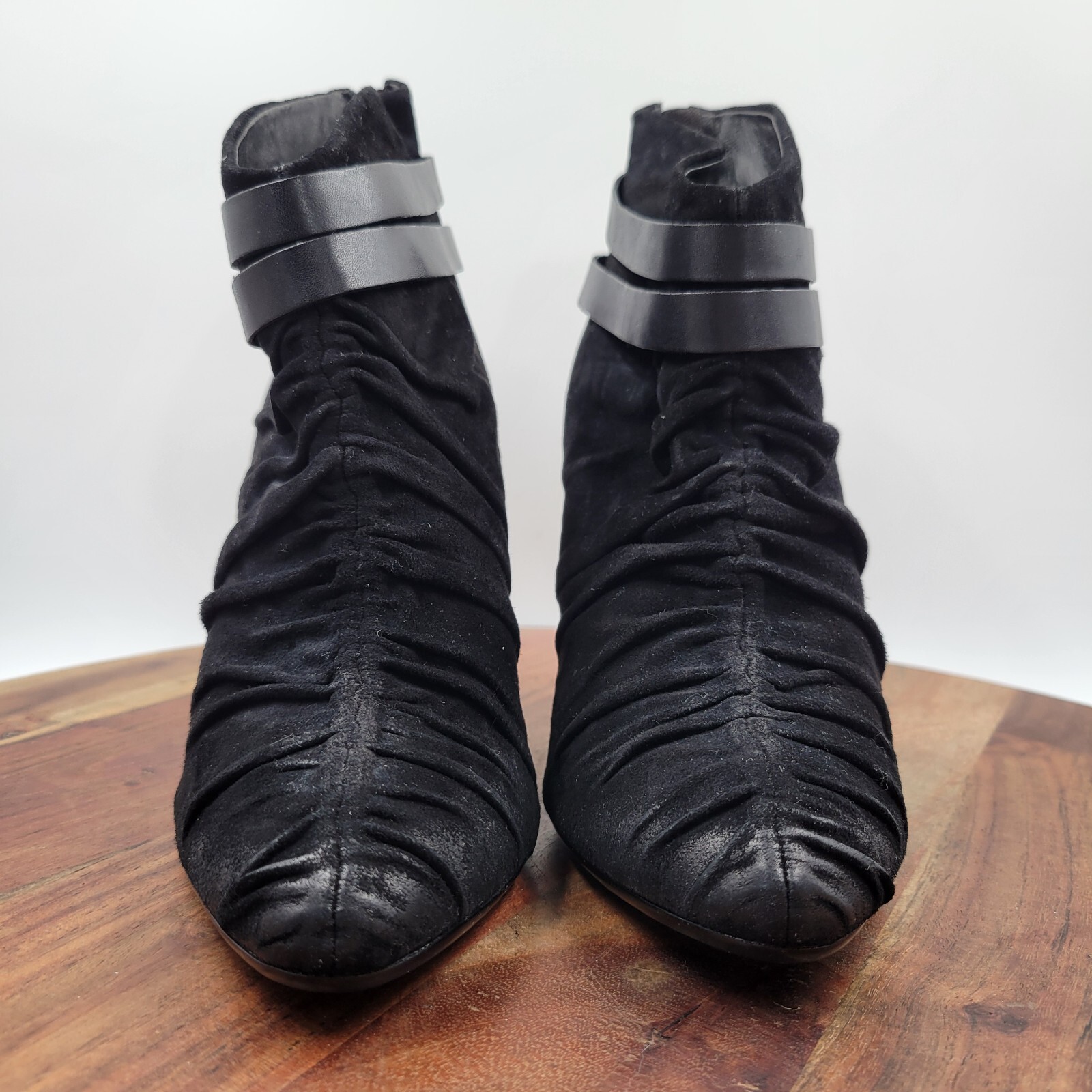 ASH Ankle Boots Womens 40 / 9.5 Black Suede Buckle Strap Heel Pointed Zip Bootie