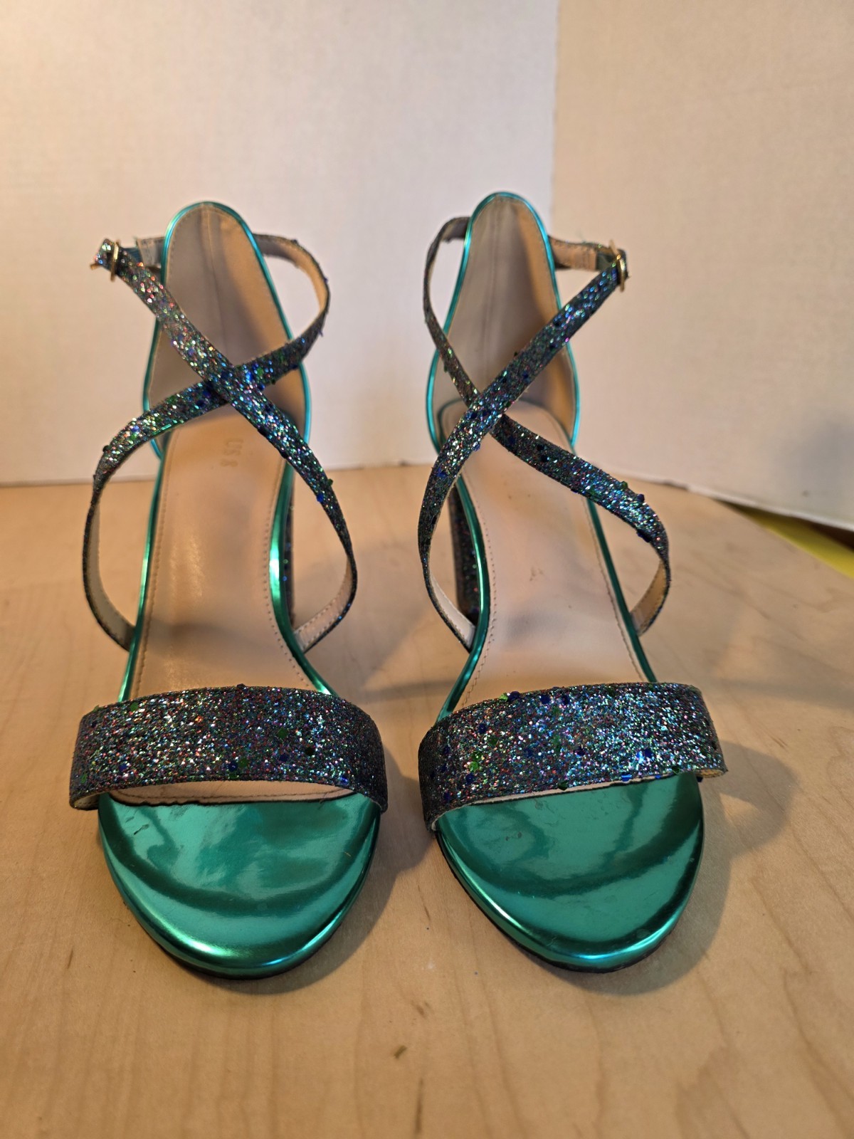 Allegra K Metallic Green Glitter Crisscross Block Heel Strapped Heels Size 8