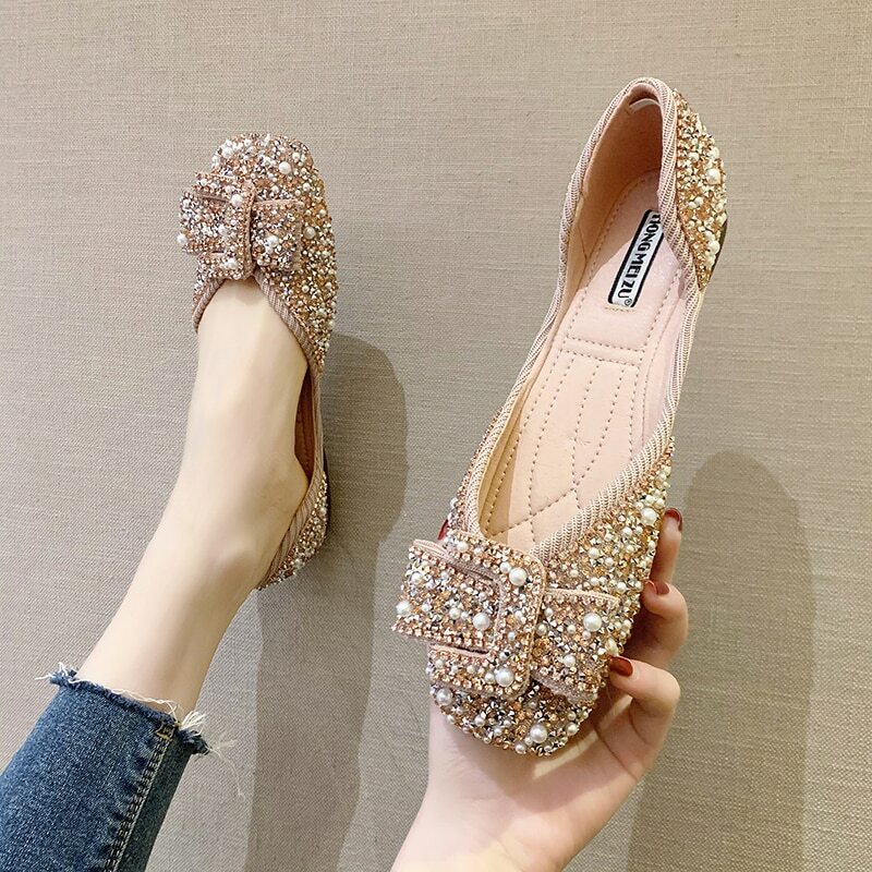 Womens Bow Sequins Bling Crystal Flats Square Toe Ballet Shoes Casual Slip On