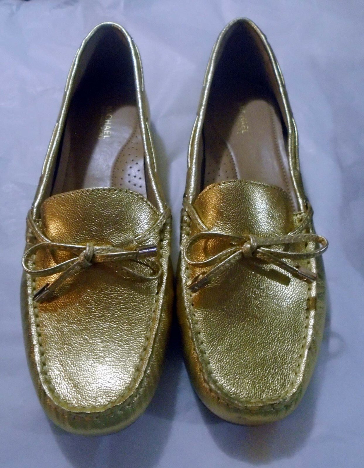 Michael Kors Lillie Brown or White MK Sutton Moc Denim or Gold Leather Flats