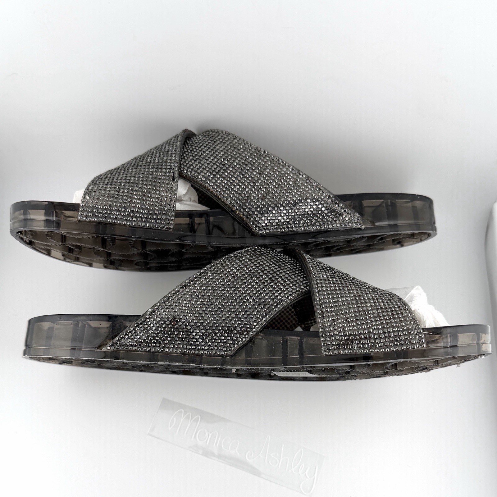Lauren Lorraine Womens 10 Black Silver Jeweled Jelly Slides Slip On Sandals NEW