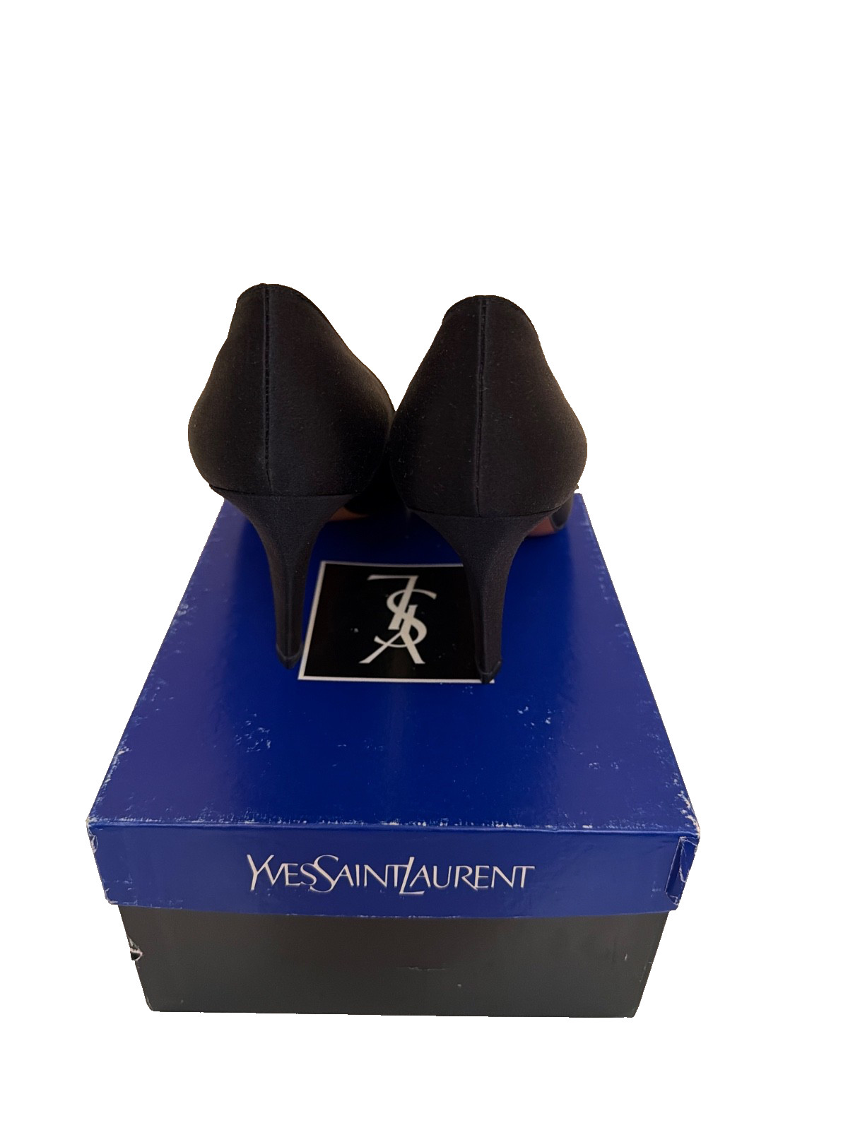 Vintage YSL black satin heels with original box. Size 8. Never worn.