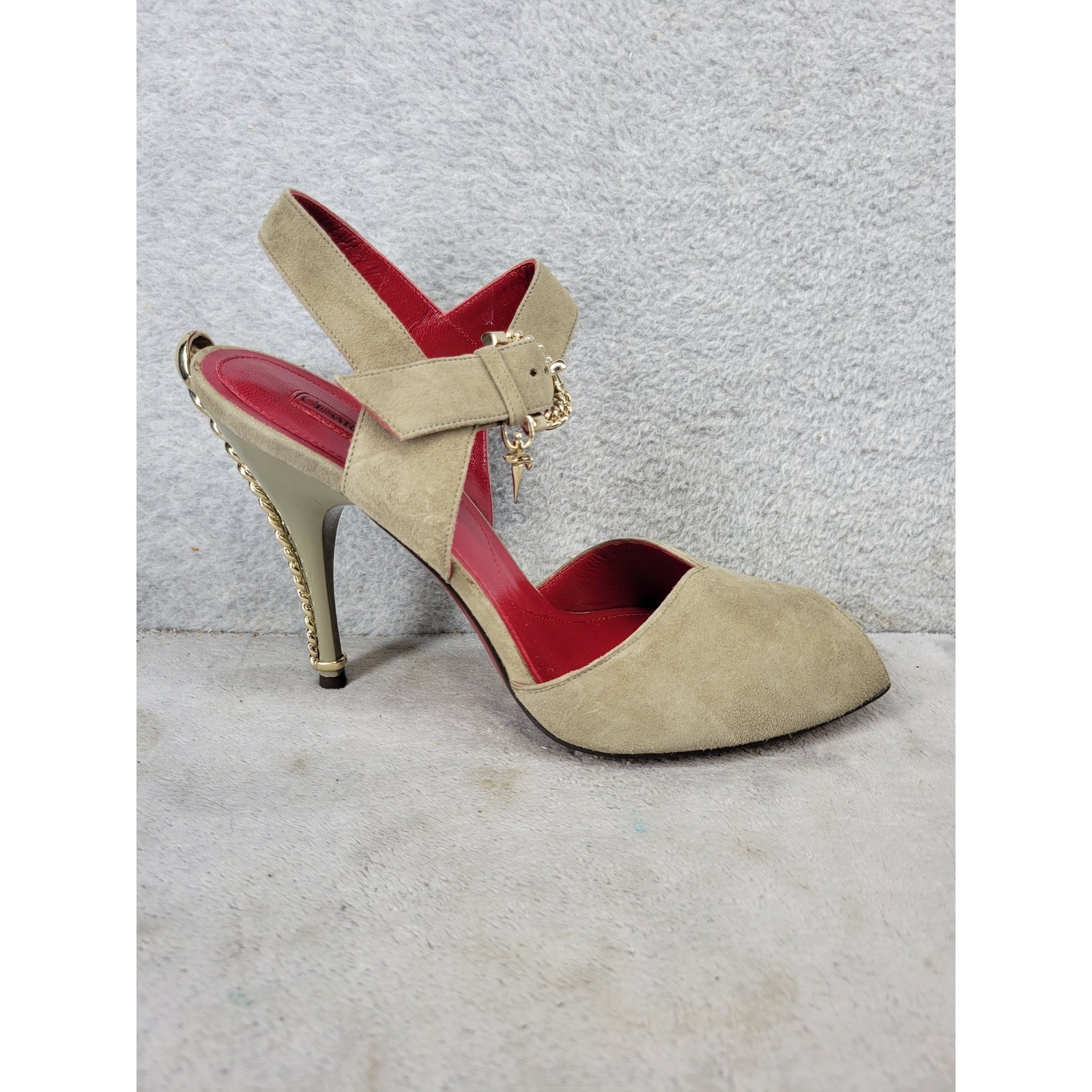 Cesare Paciotti 898610 Tan Suede Gold Chain Heel Peep Toe Slingback 8.5