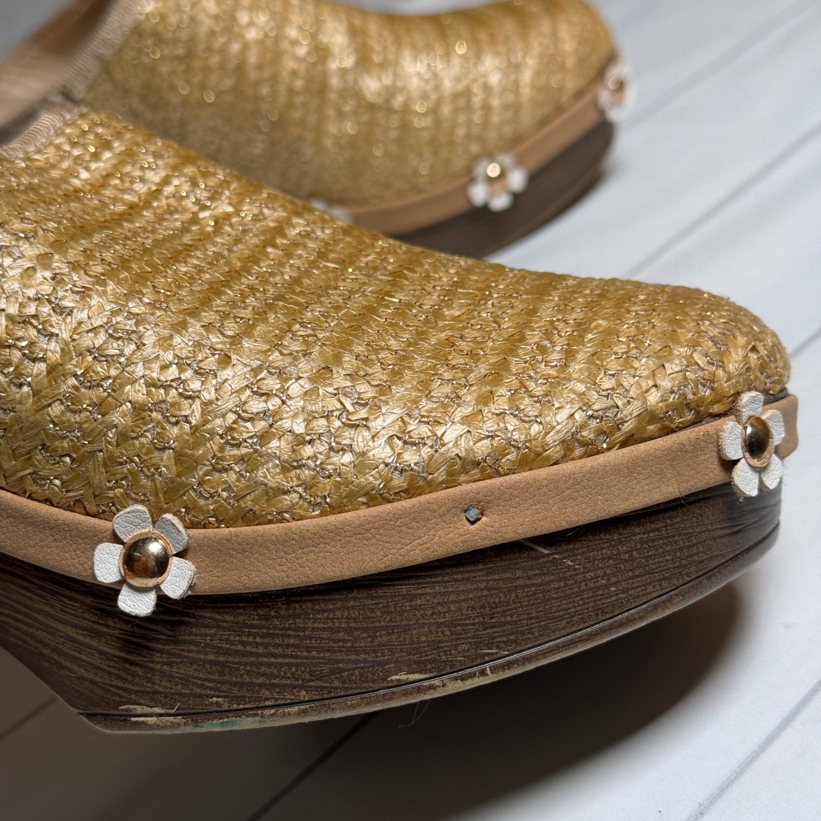 Floral Studded Mule Clogs Heeled Sandals Boho Bohemian Hippie 70s Retro Look 7M