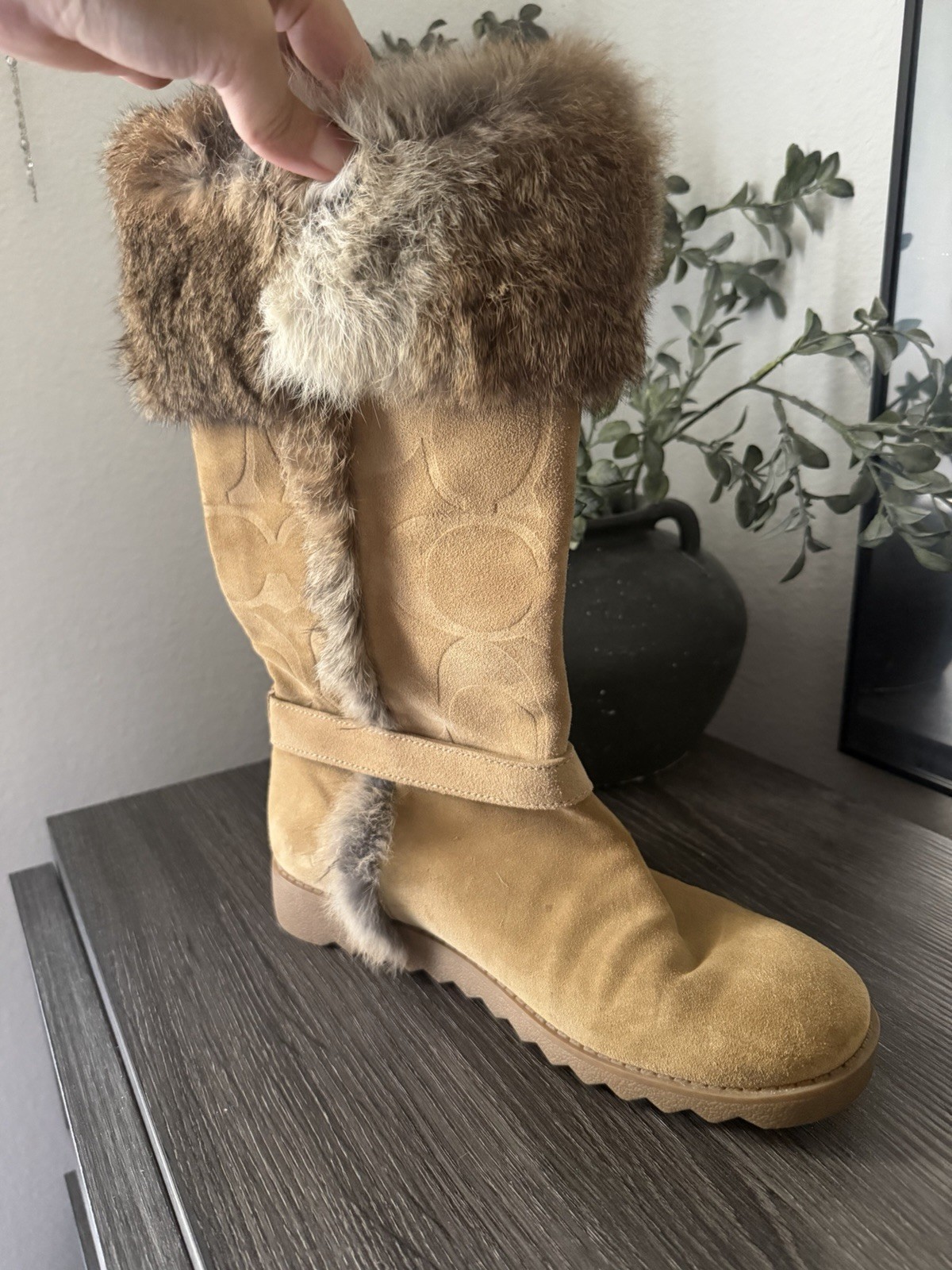 Coach Deeann Suede Signature Logo Faux Fur Lined Mid-Calf Buckle Boot 8.5B