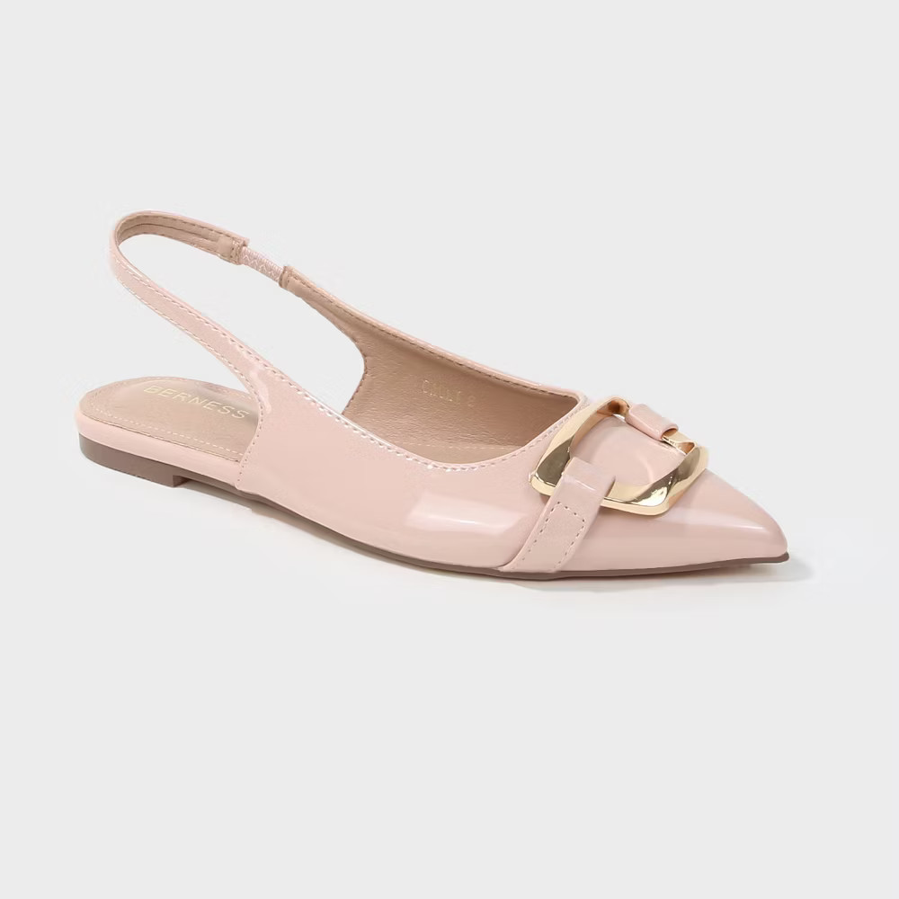 Berness Women Caeli Patent Slingback Flats with Gold Oversized Buckle Mocha 10