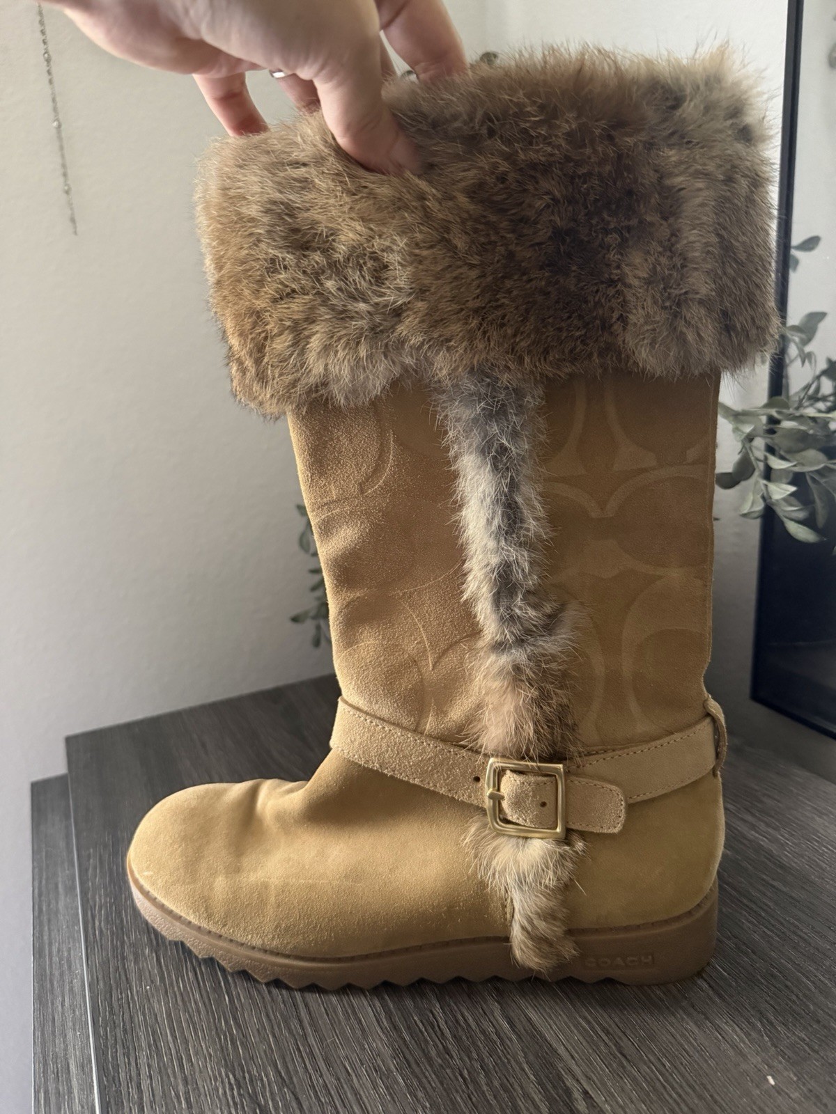 Coach Deeann Suede Signature Logo Faux Fur Lined Mid-Calf Buckle Boot 8.5B