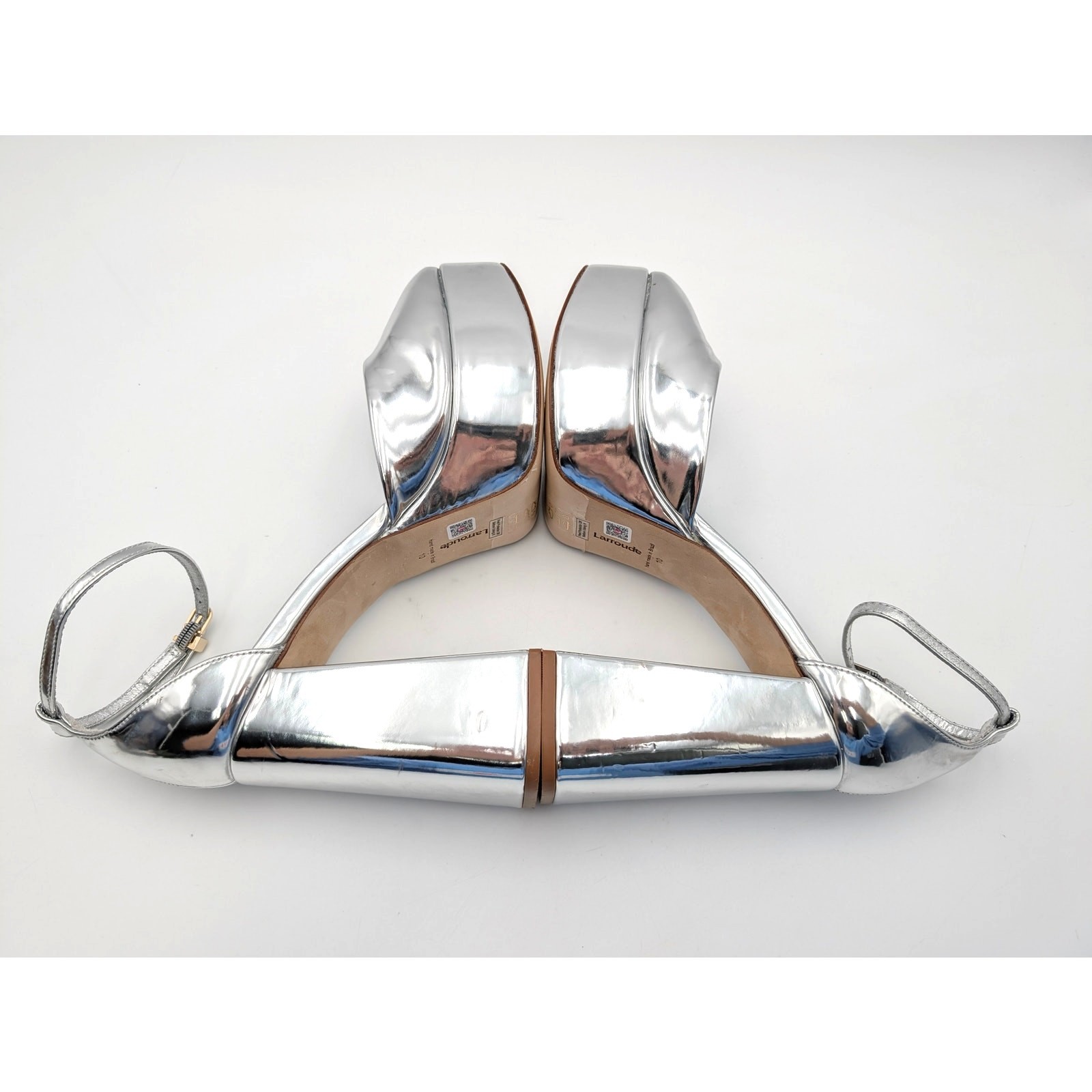 Larroude Ari Block Heel Pump Ankle Strap Women’s Silver Specchio Size US10 EU41