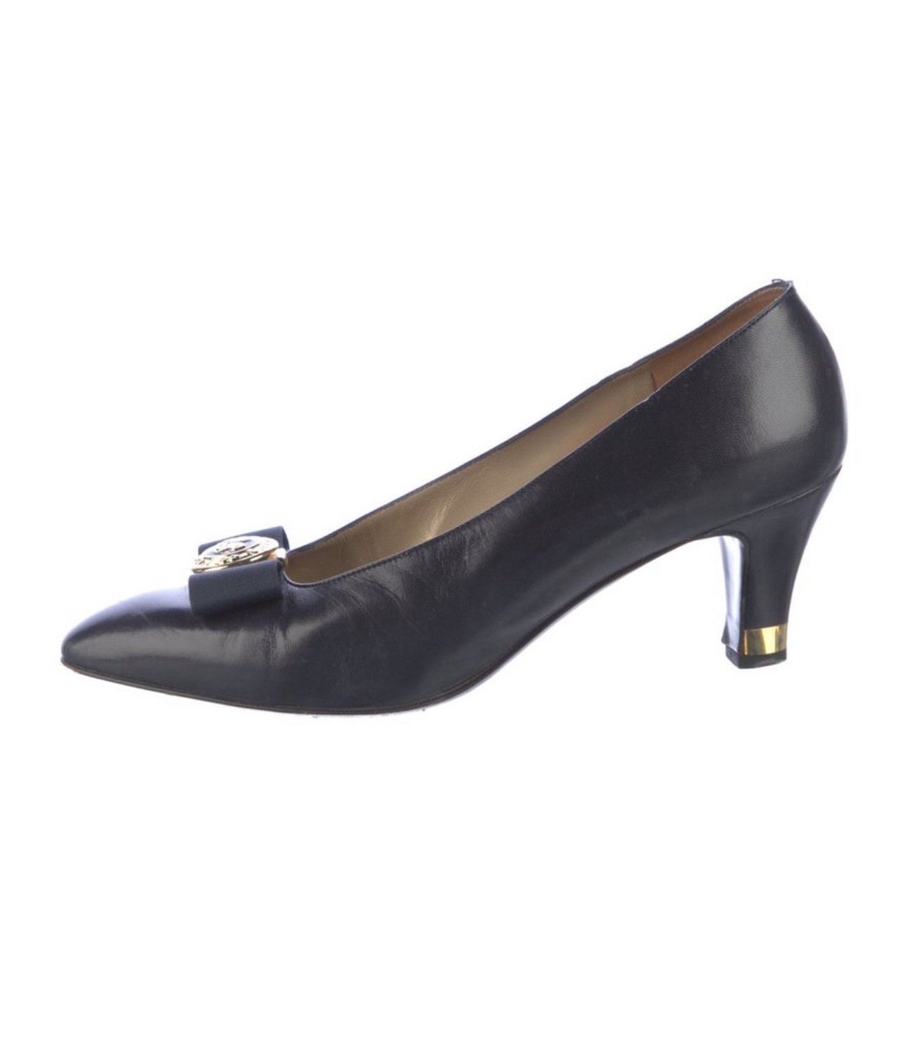 St. John Blue Leather Bow Pumps Size 7 US Semi-Pointed Toe Heels 2.5″ $495